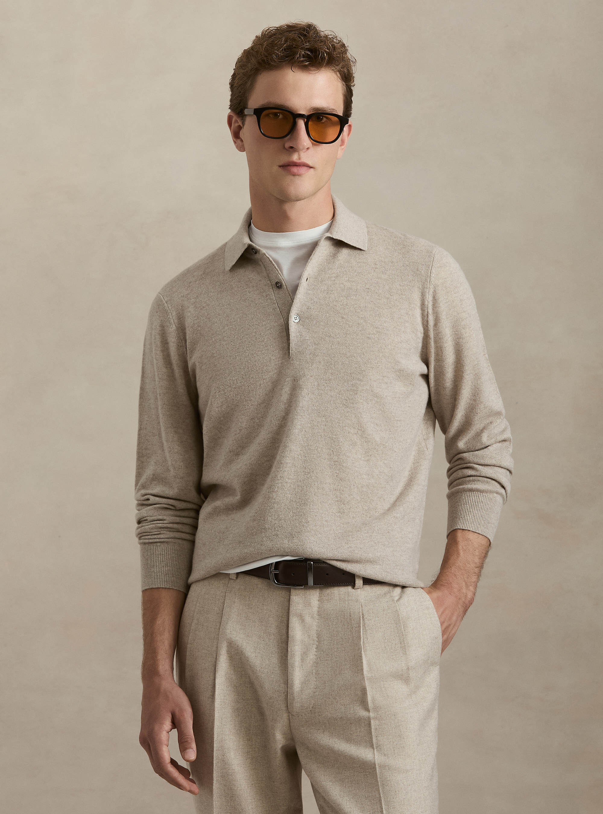 Polo a manica lunga in puro cashmere, ECRU
