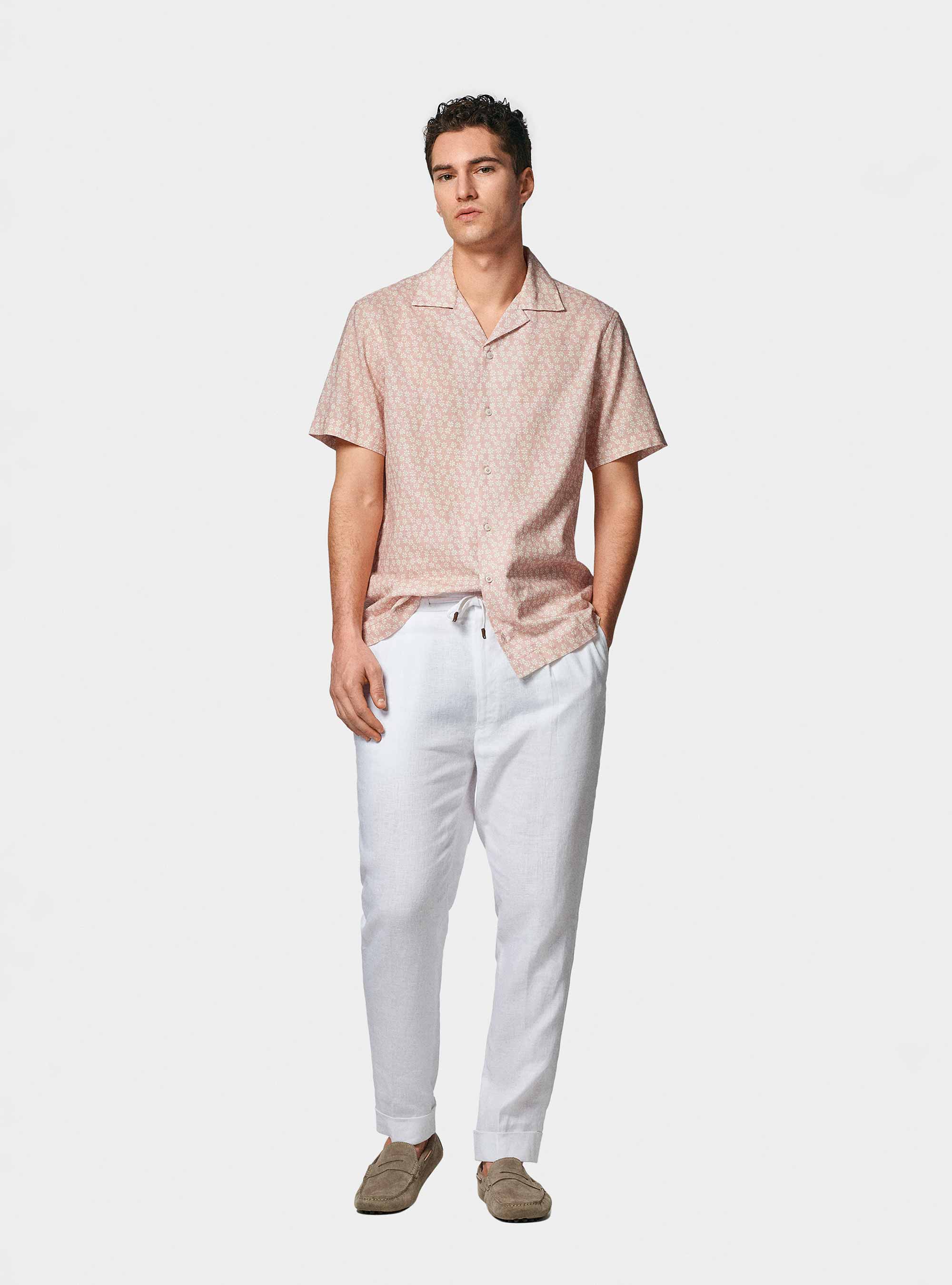Camicia bowling in lino e cotone stampato, ROSA CHIARO 0466C