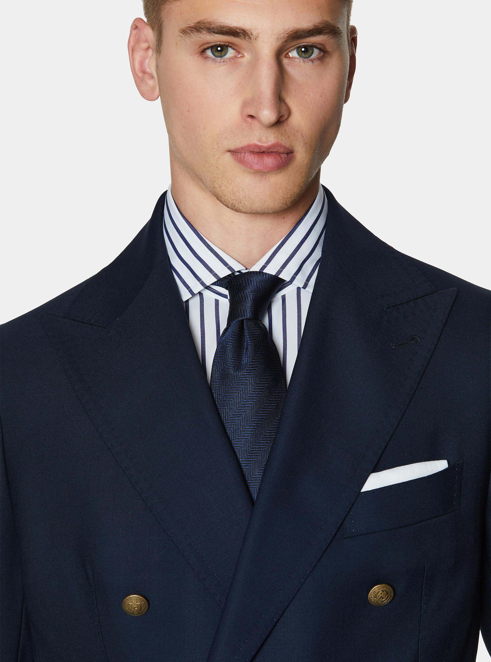 Giacca doppiopetto in pura lana con bottone metallo, NAVY