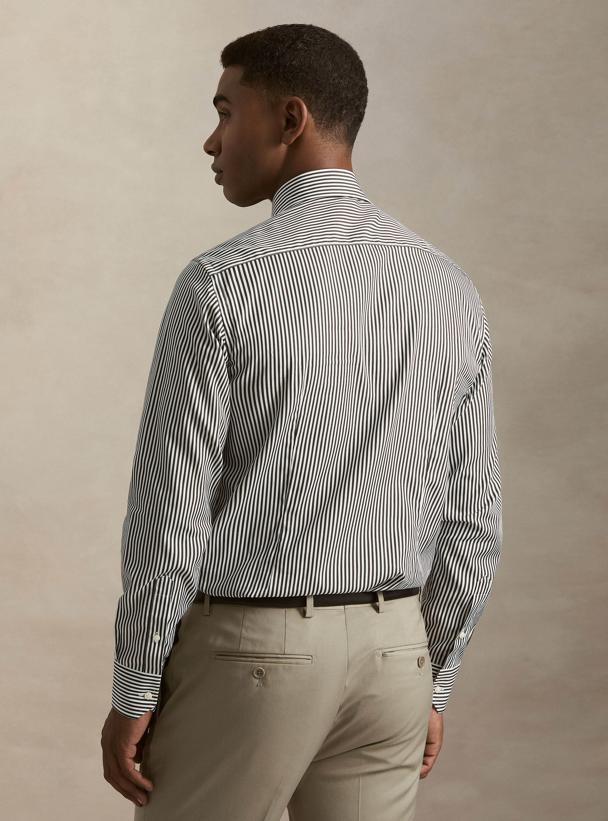 Camicia rigata in cotone popeline, MARRONE