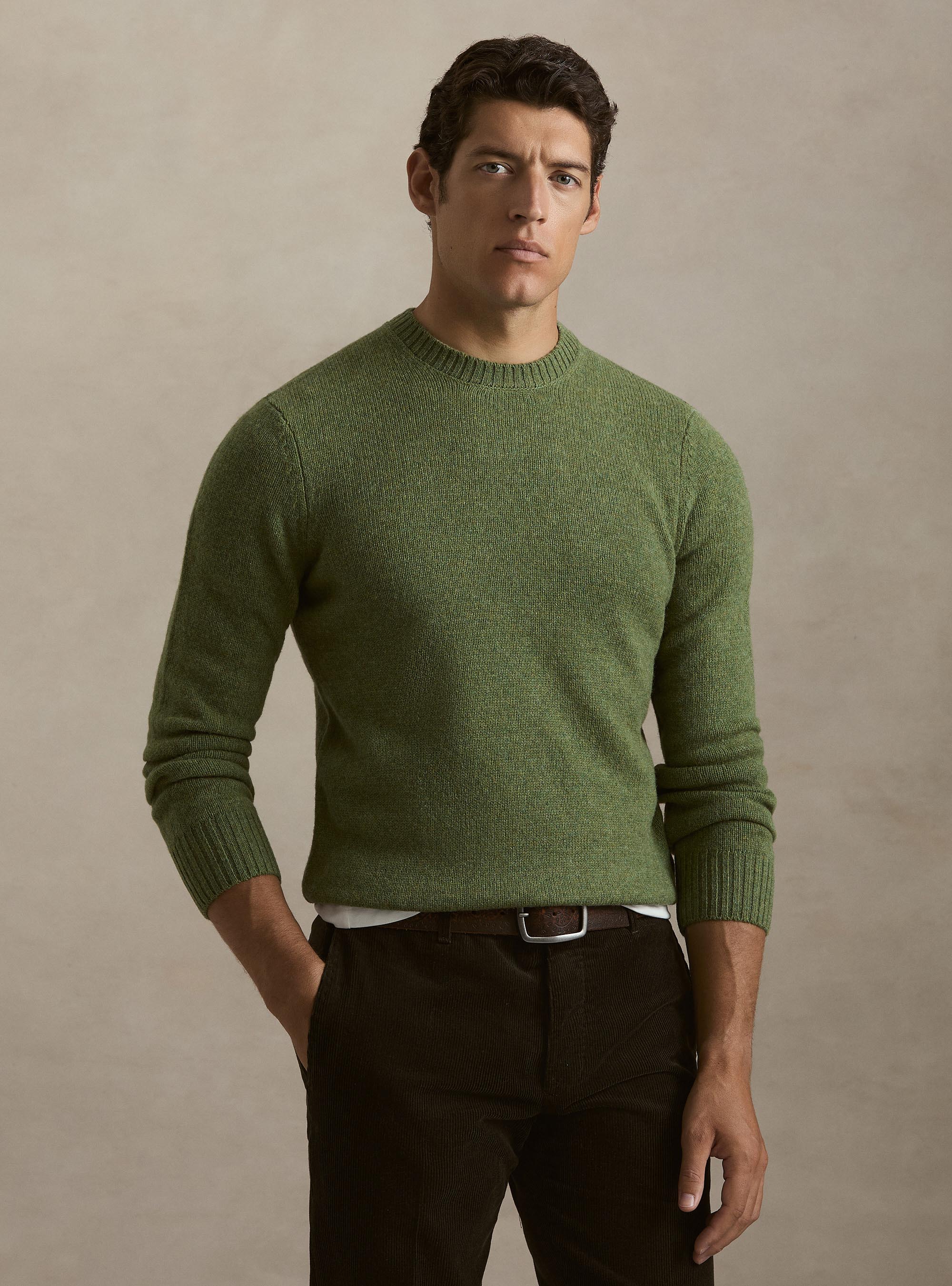 Maglia girocollo in pura lana shetland, OLIVA