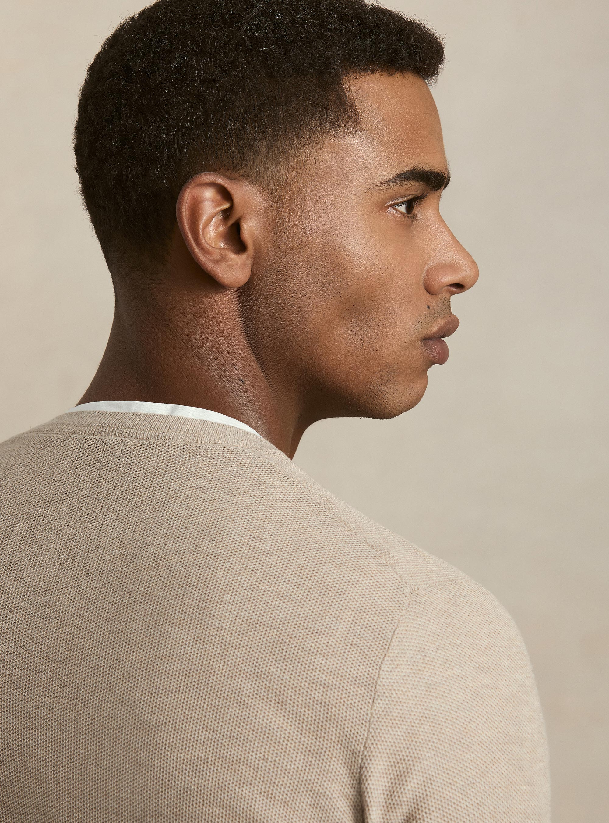 Maglia girocollo in cotone cashmere nido d'ape, ECRU