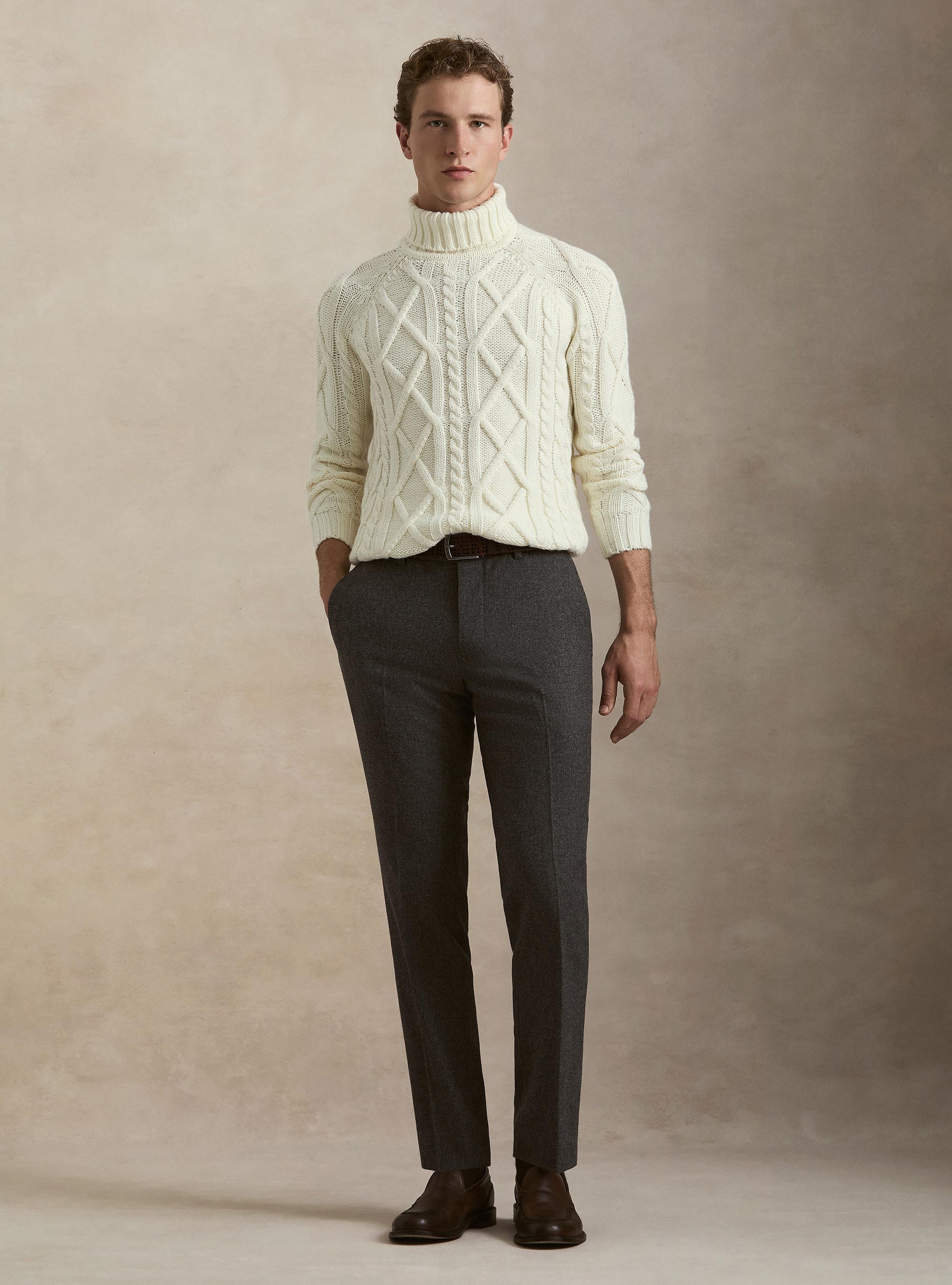 Collo alto in maglia con treccia in misto lana, BIANCO