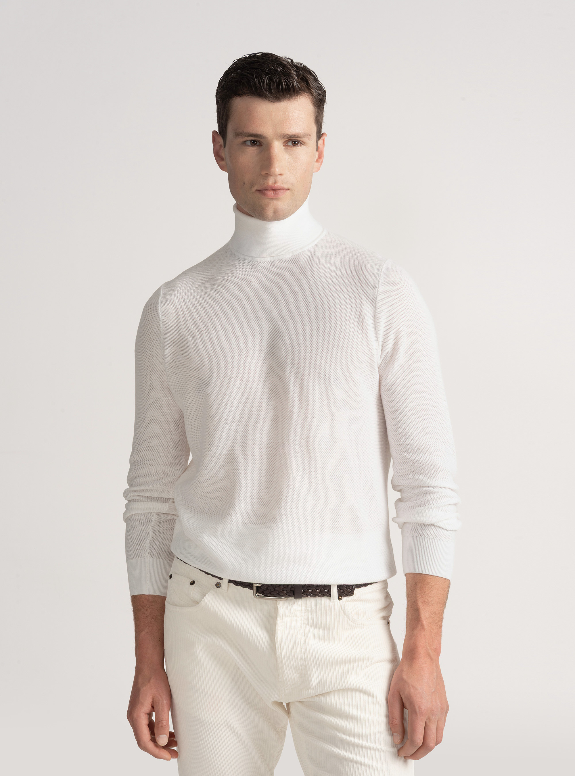 Dolcevita nido d'ape in cotone cashmere, BIANCO