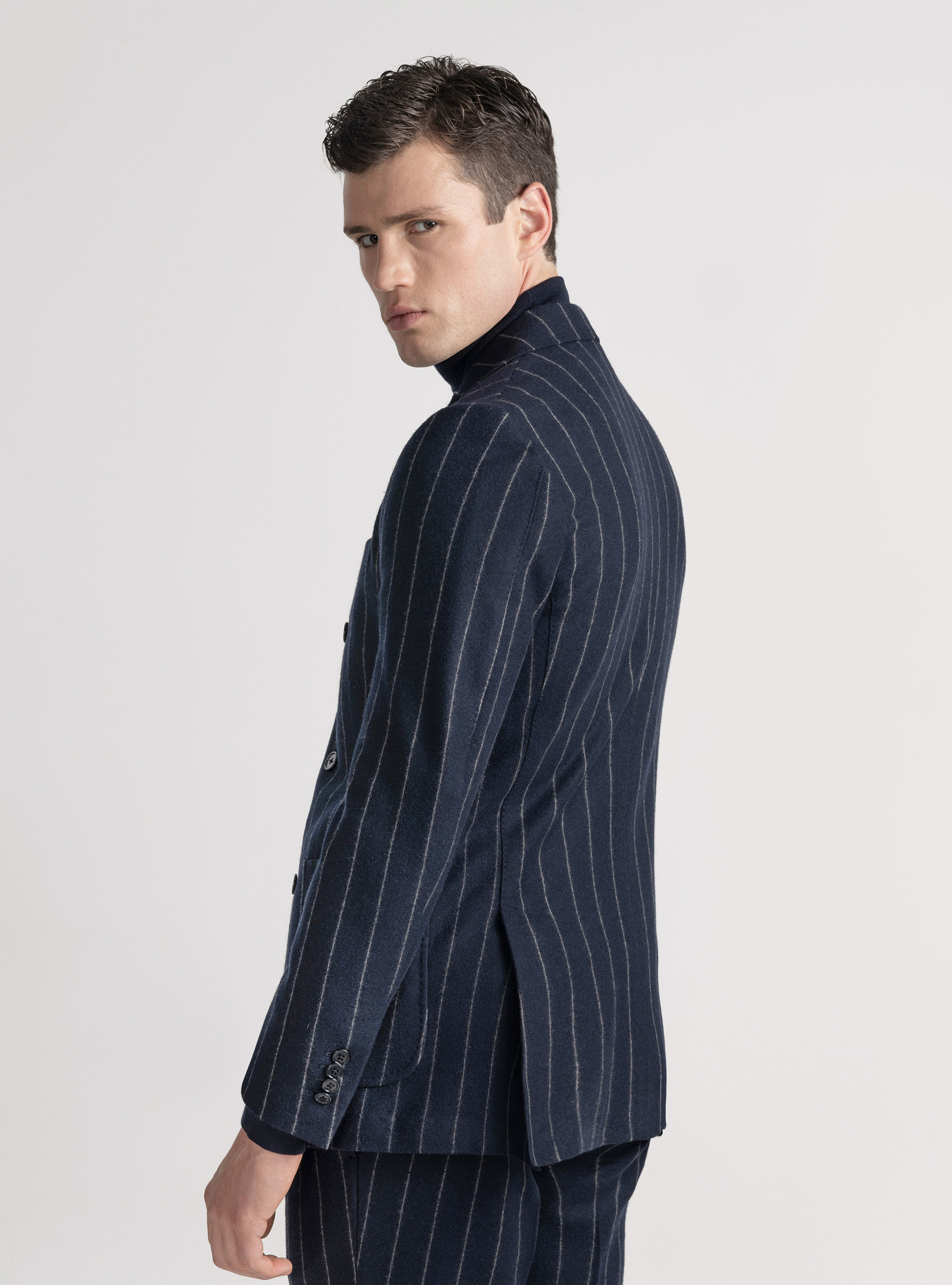 Giacca per abito doppiopetto in jersey gessato, BLU NAVY