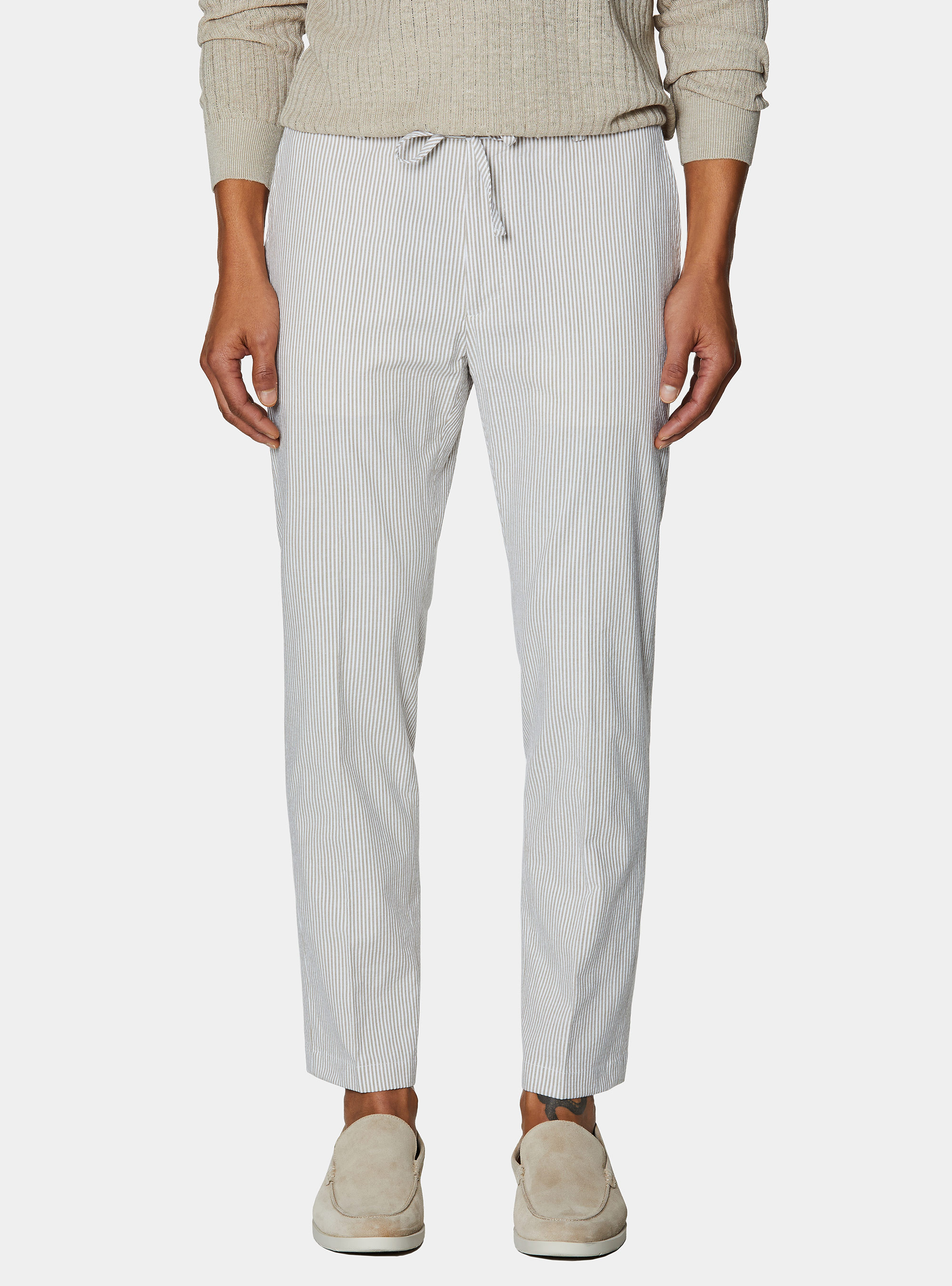 Pantaloni rigati con coulisse in misto cotone seersucker, SABBIA