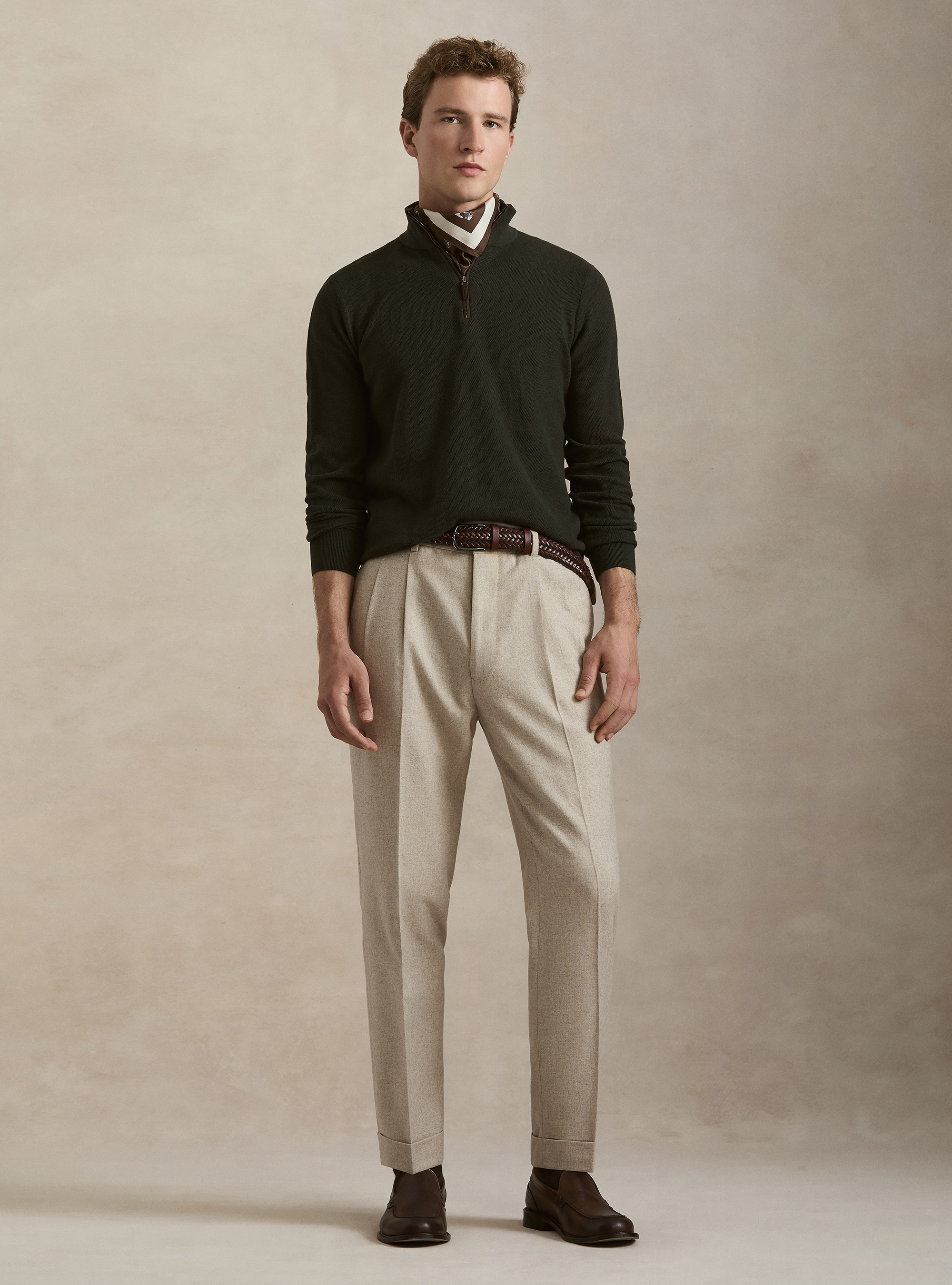 Maglia con mezza zip in cotone cashmere nido d'ape, MILITARE 0609C