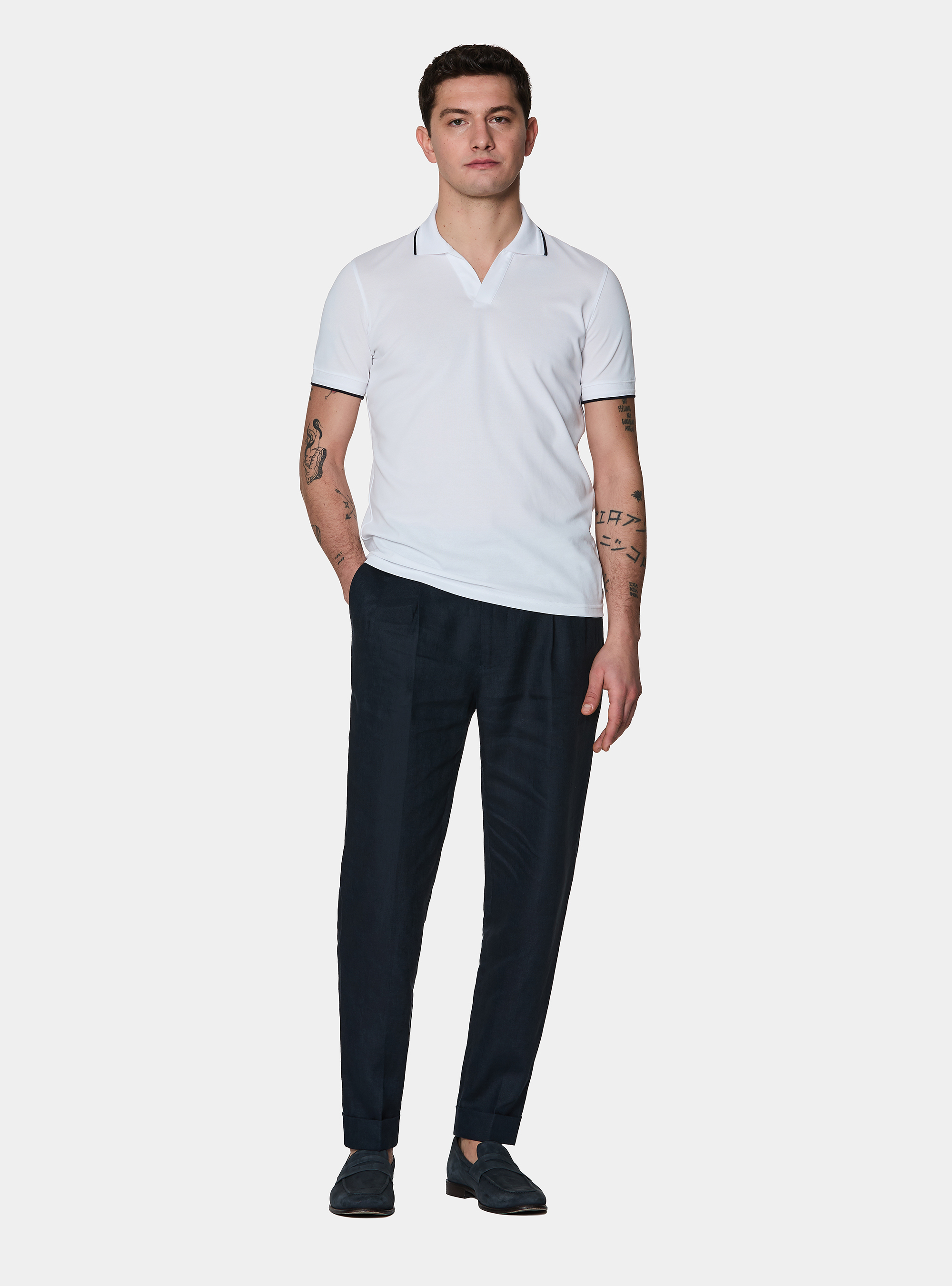 Pantaloni con pince in puro lino, BLU NAVY