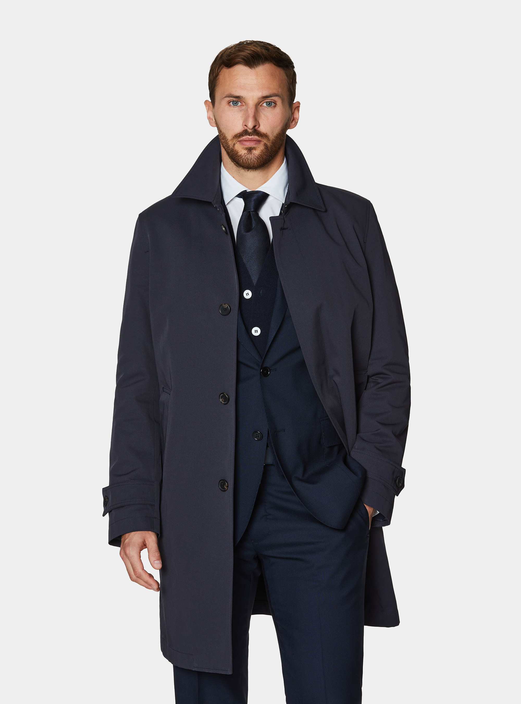 Impermeabile monopetto in misto cotone, BLU NAVY