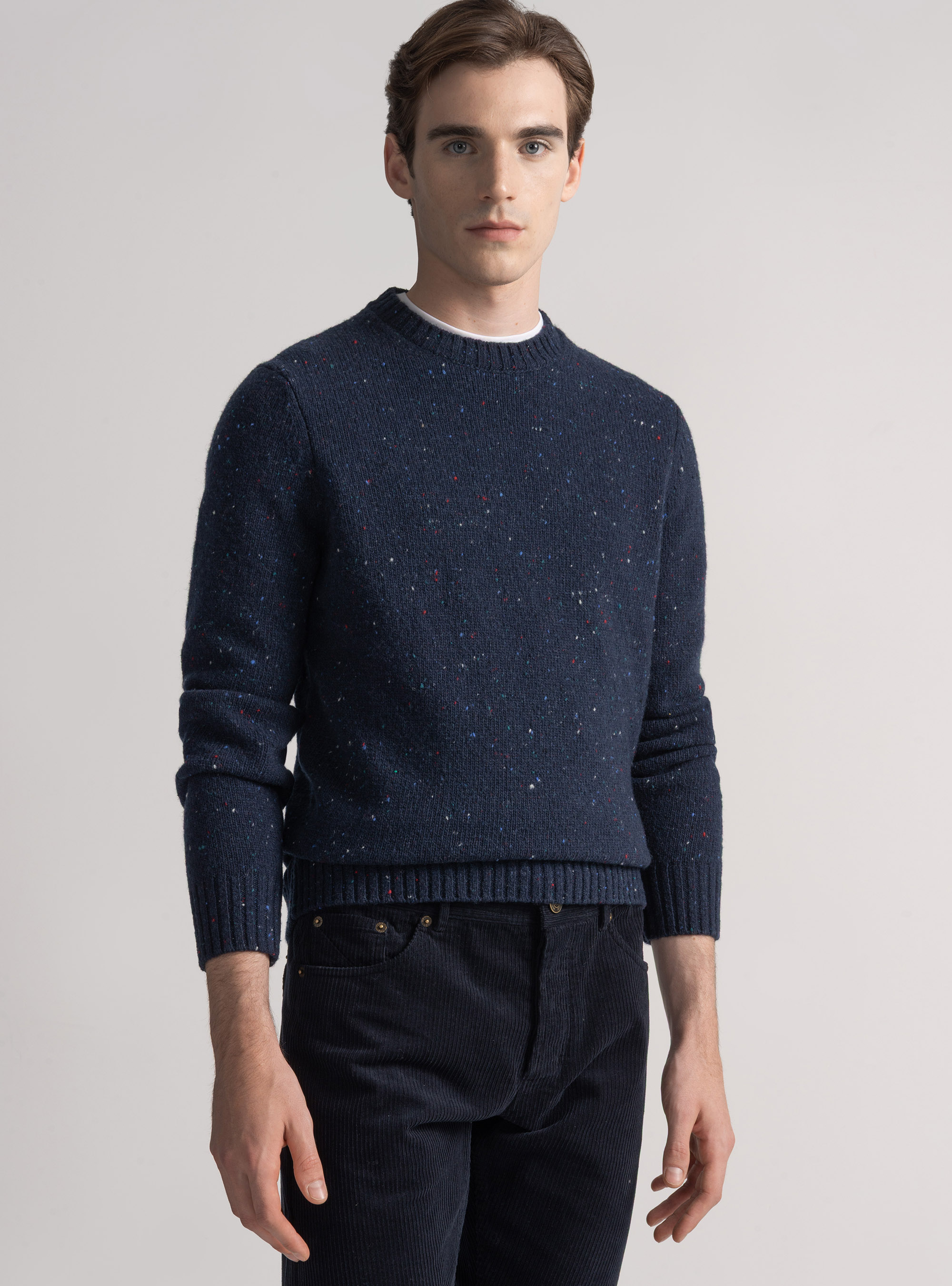 Maglia girocollo in misto lana merino bottonata, BLU NAVY