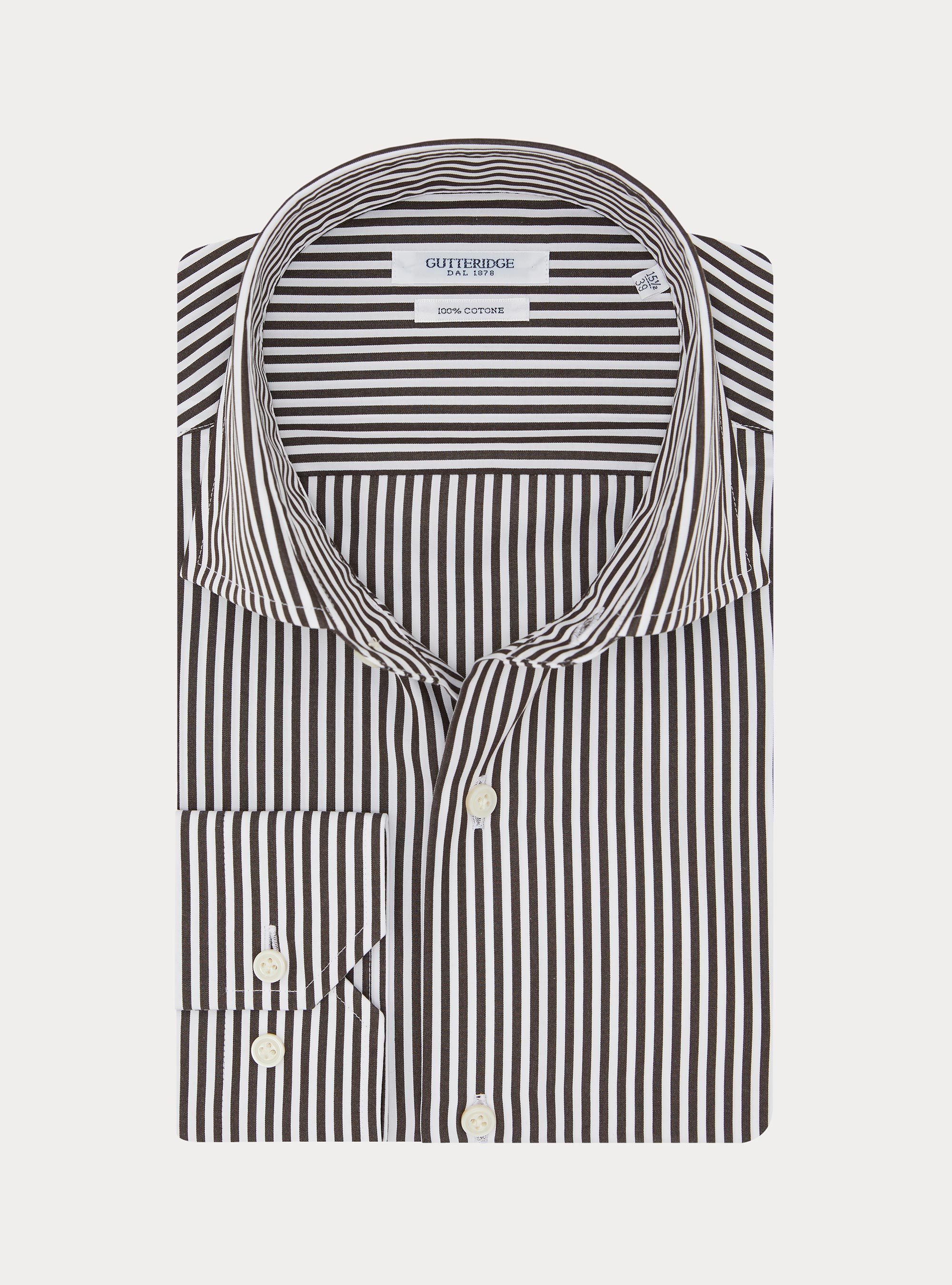 Camicia rigata in cotone popeline, MARRONE