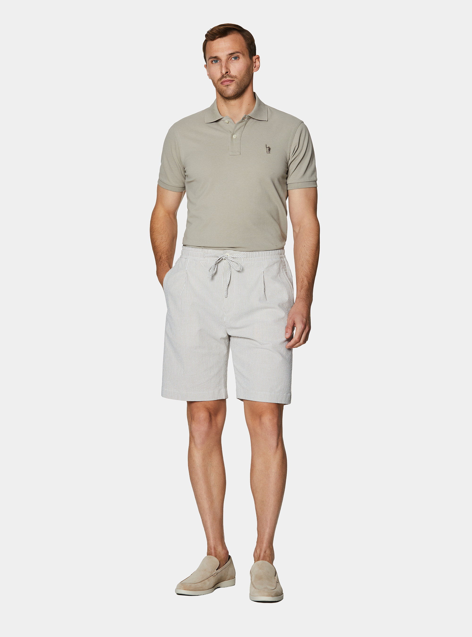 Bermuda in cotone stretch seersucker con coulisse, SABBIA