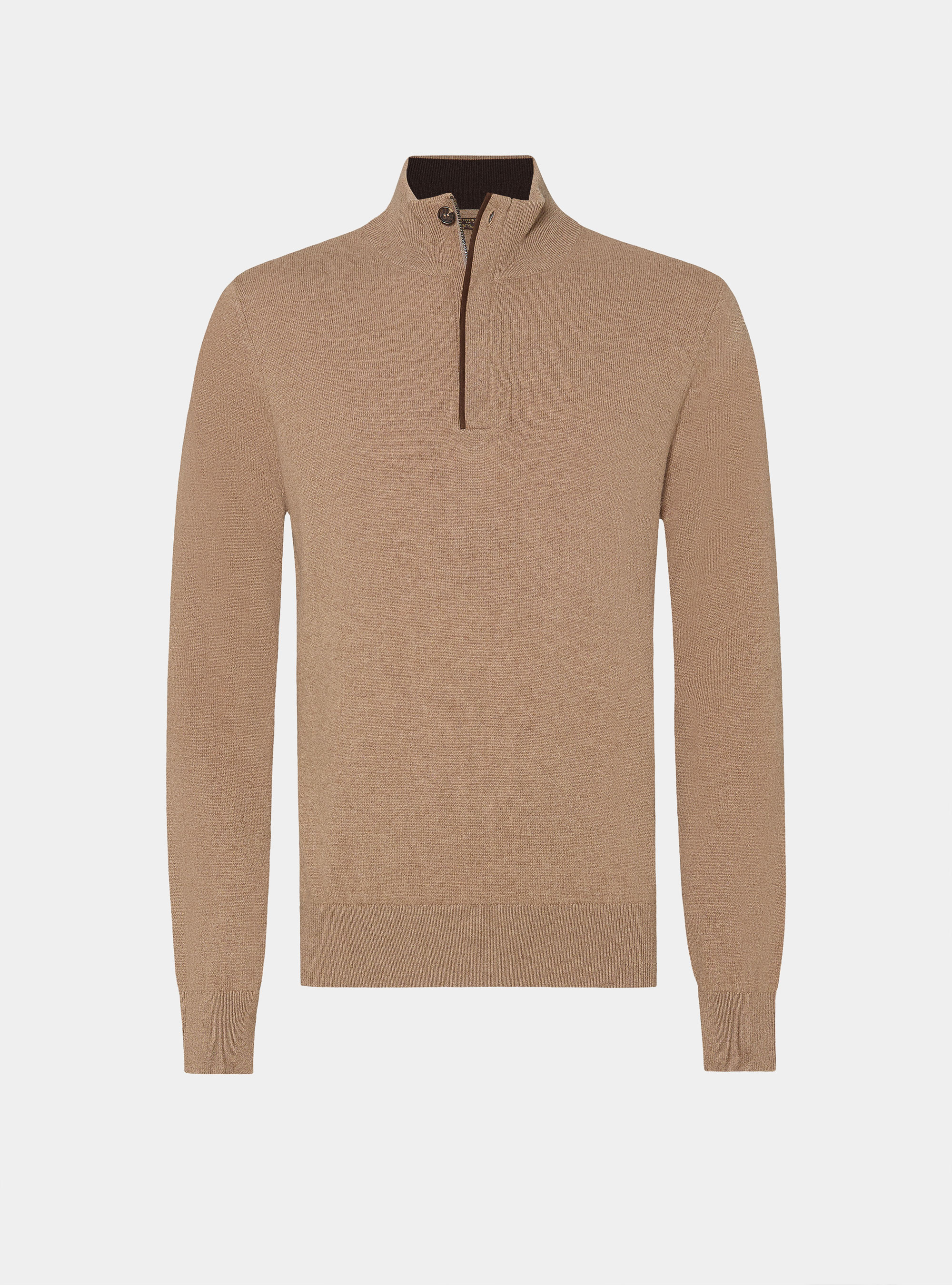 Maglia mezza zip in lana lambswool e cashmere, CAMMELLO 0570C