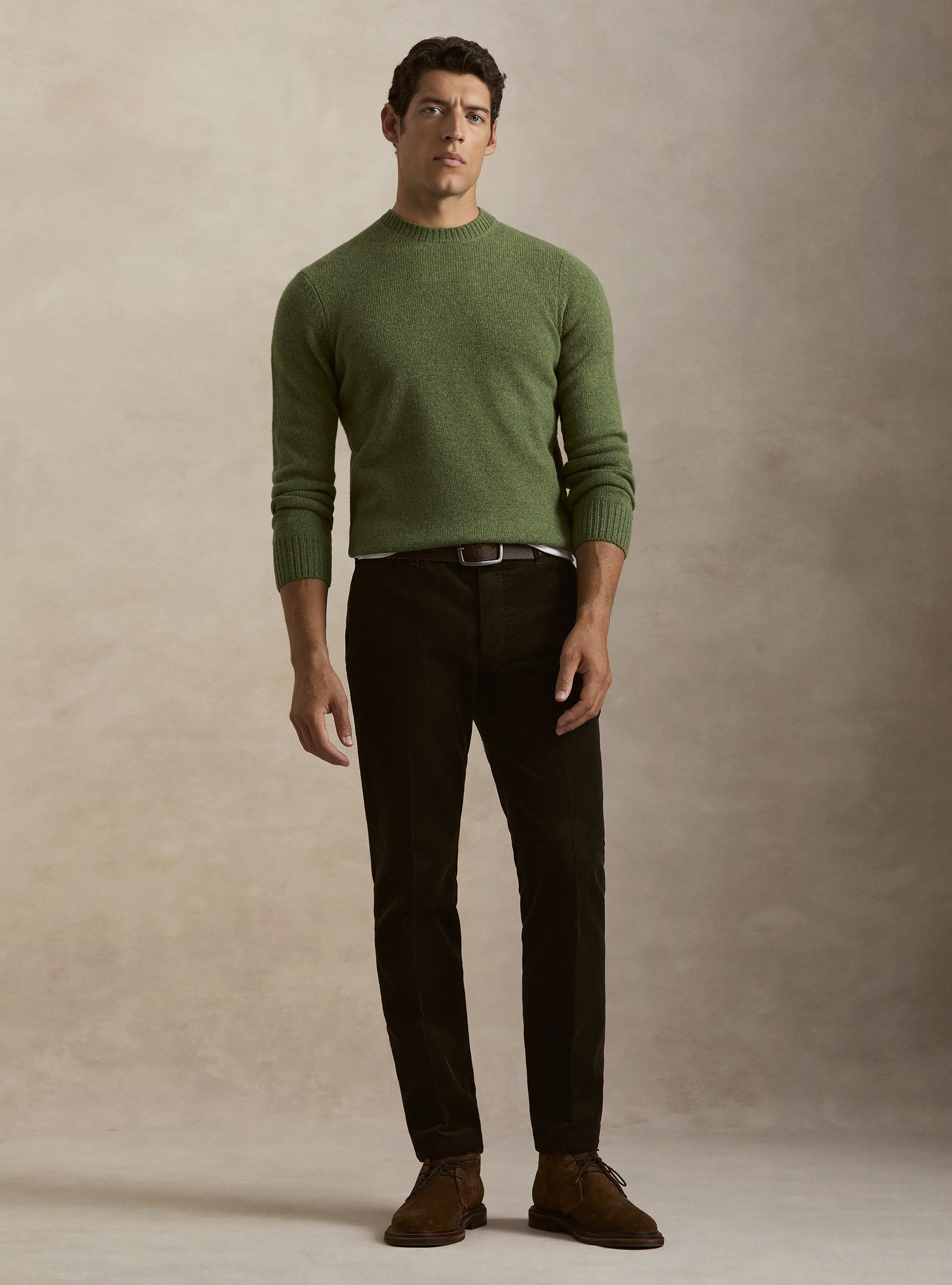 Maglia girocollo in pura lana shetland, OLIVA