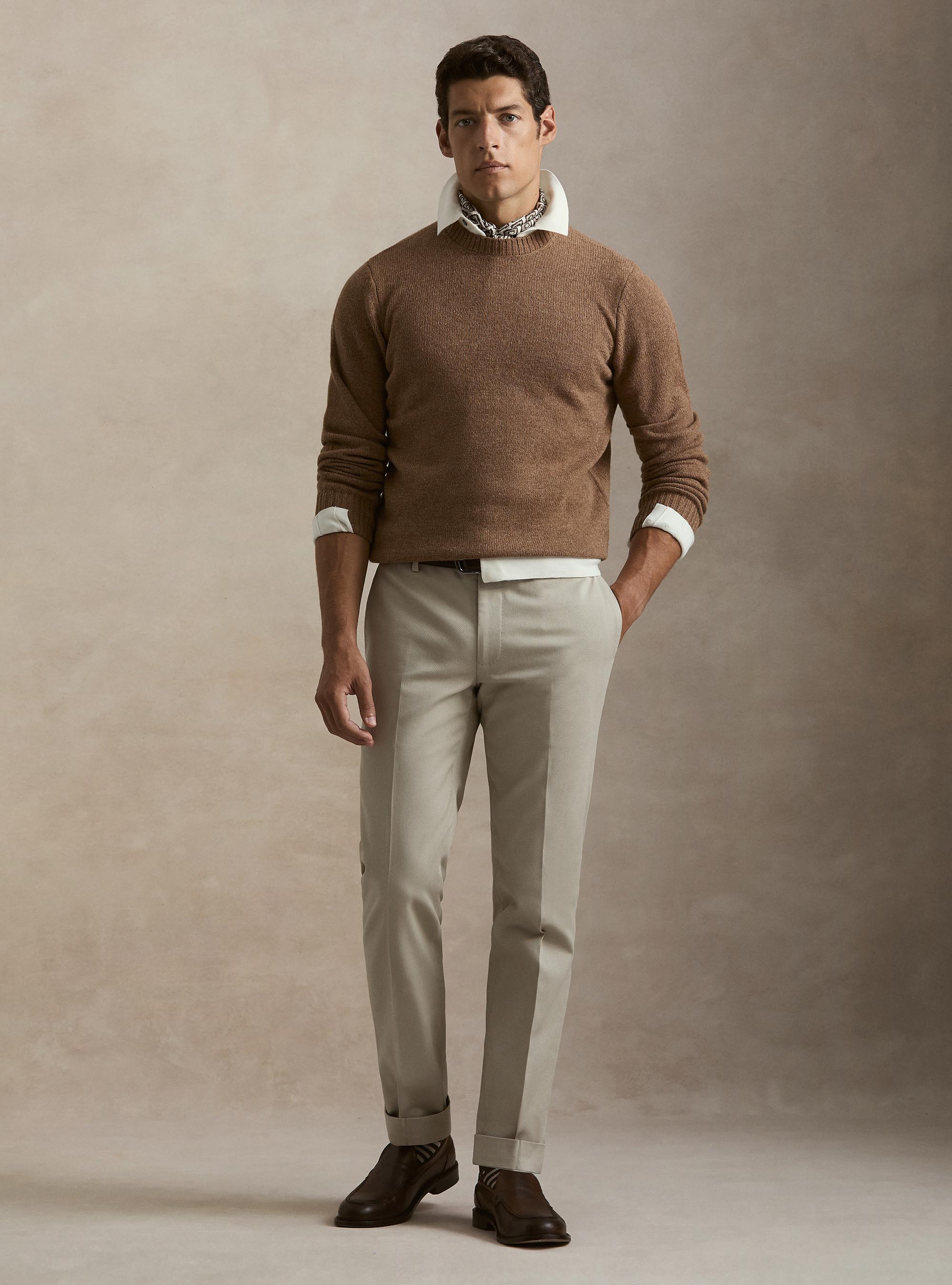 Maglia girocollo in pura lana shetland, NOCCIOLA