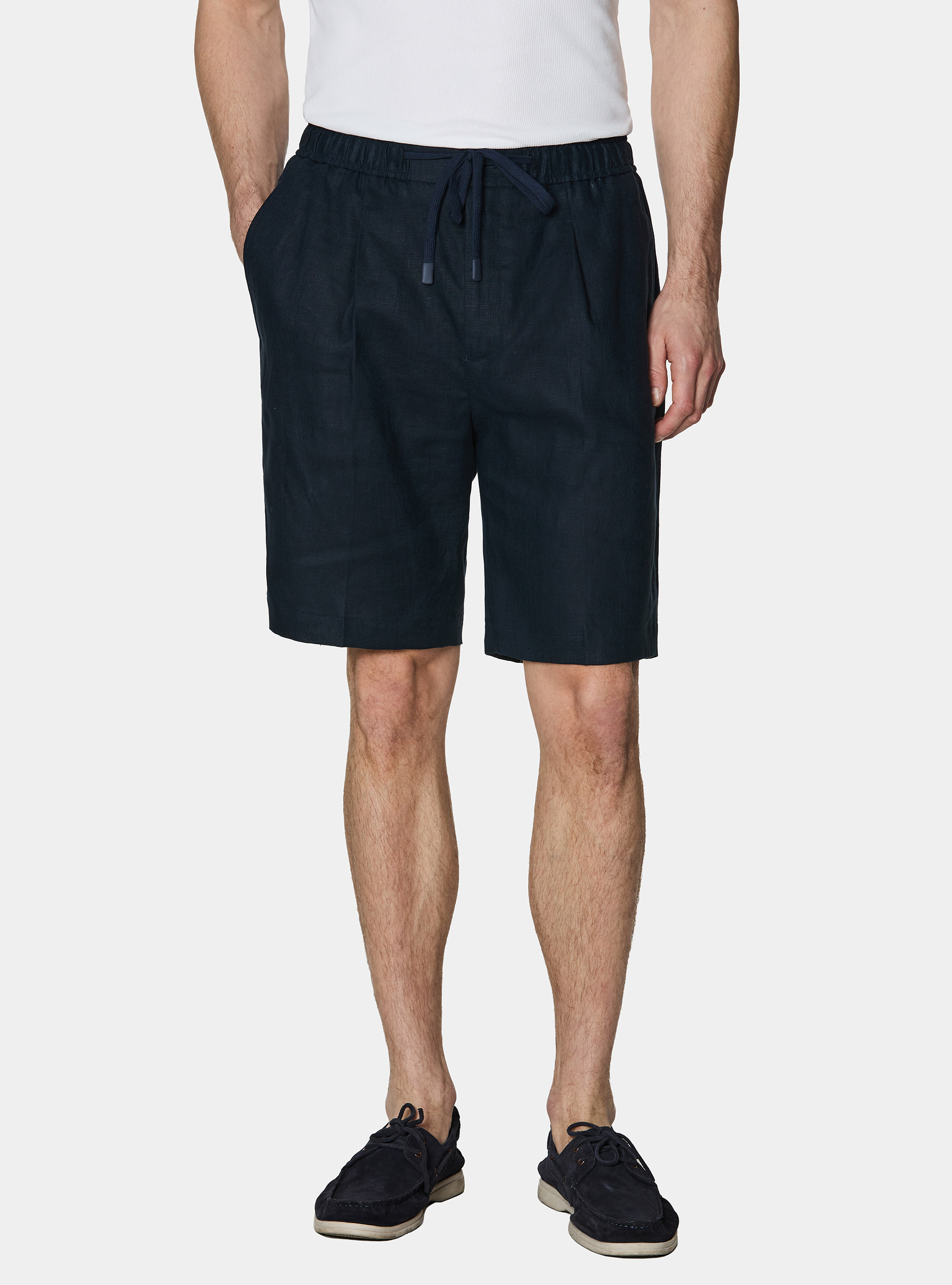 Bermuda in lino con coulisse, BLU NAVY