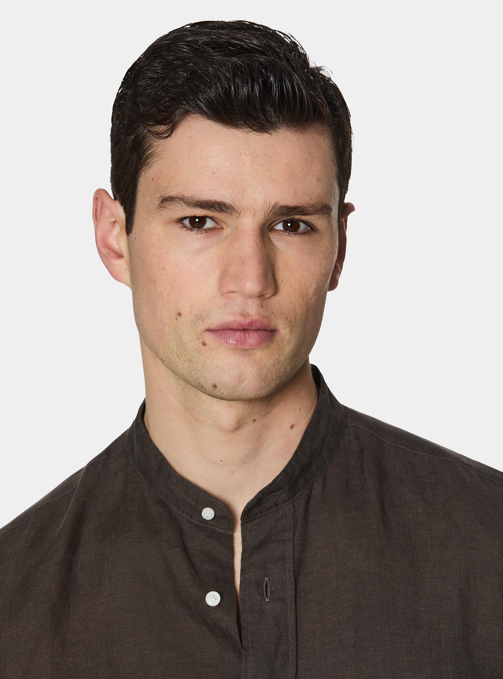 Camicia coreana in puro lino, MARRONE