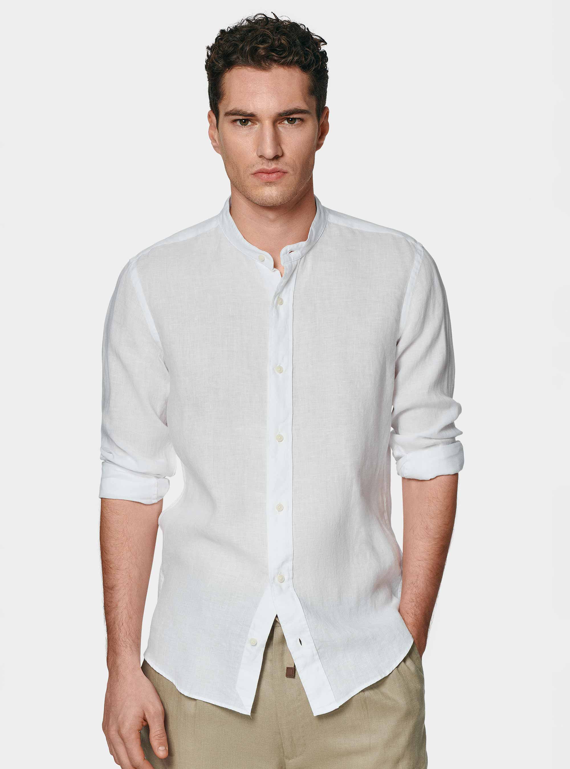 Camicia bianca coreana in puro lino, BIANCO
