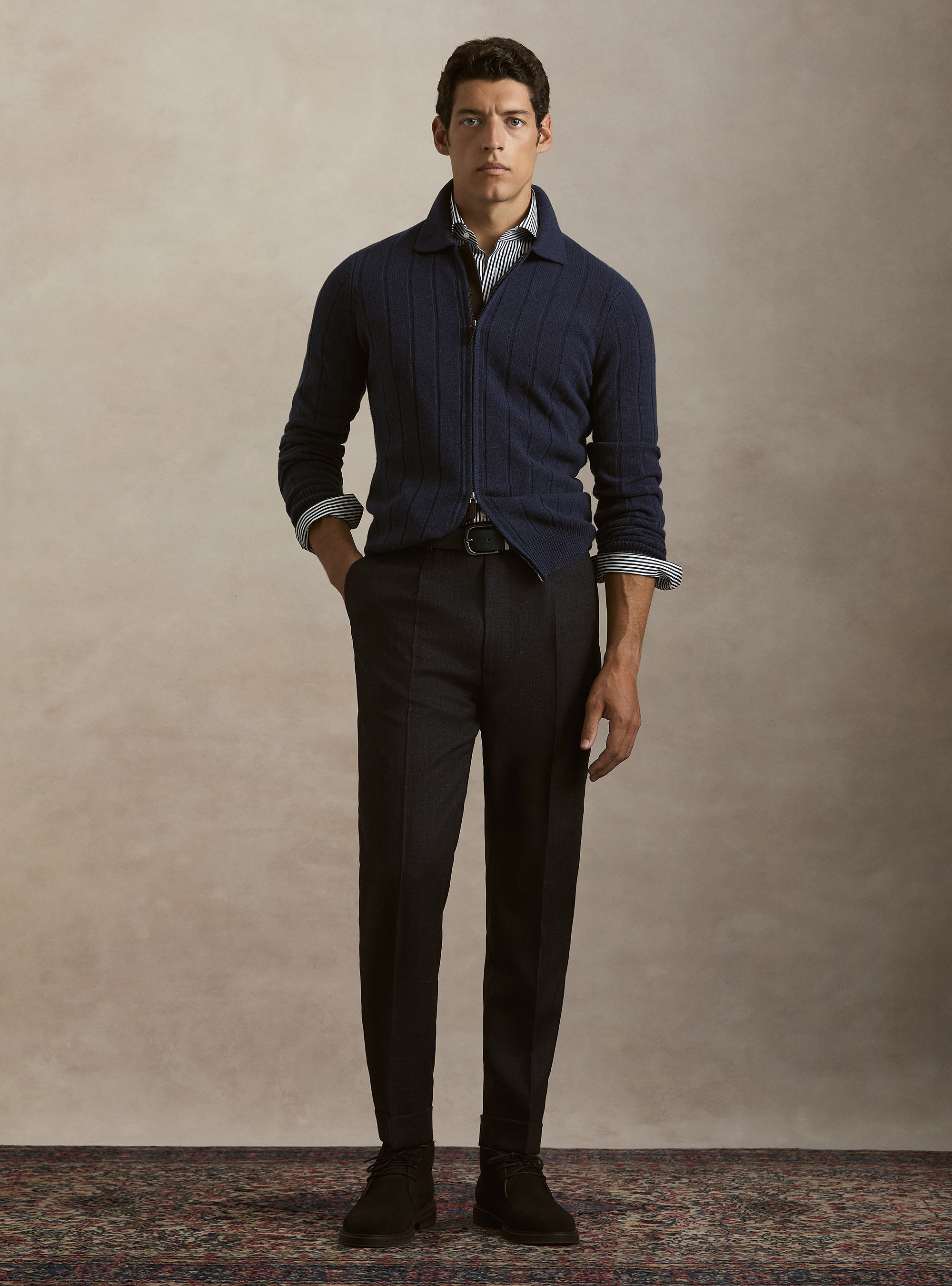 Maglia full zip con colletto in lana e cashmere a costa piatta, INCHIOSTRO