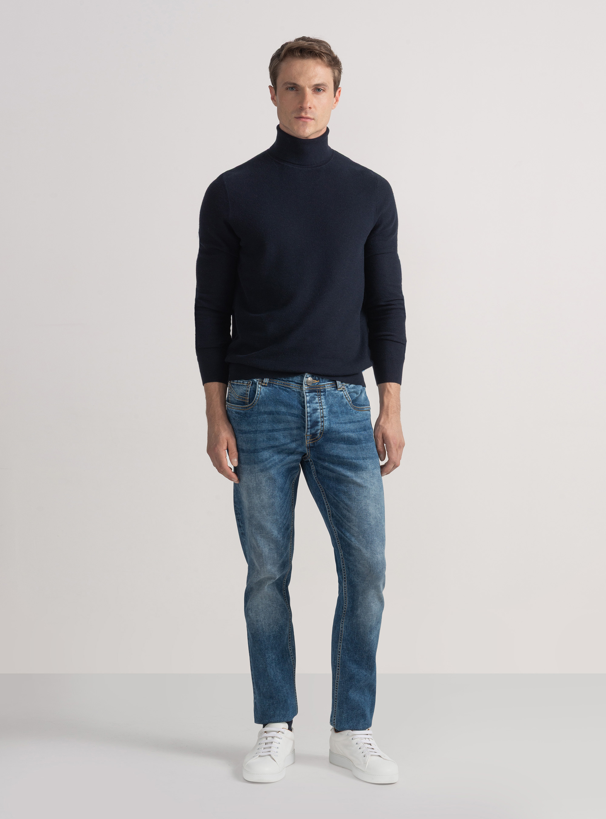 Dolcevita nido d'ape in cotone cashmere, BLU NAVY