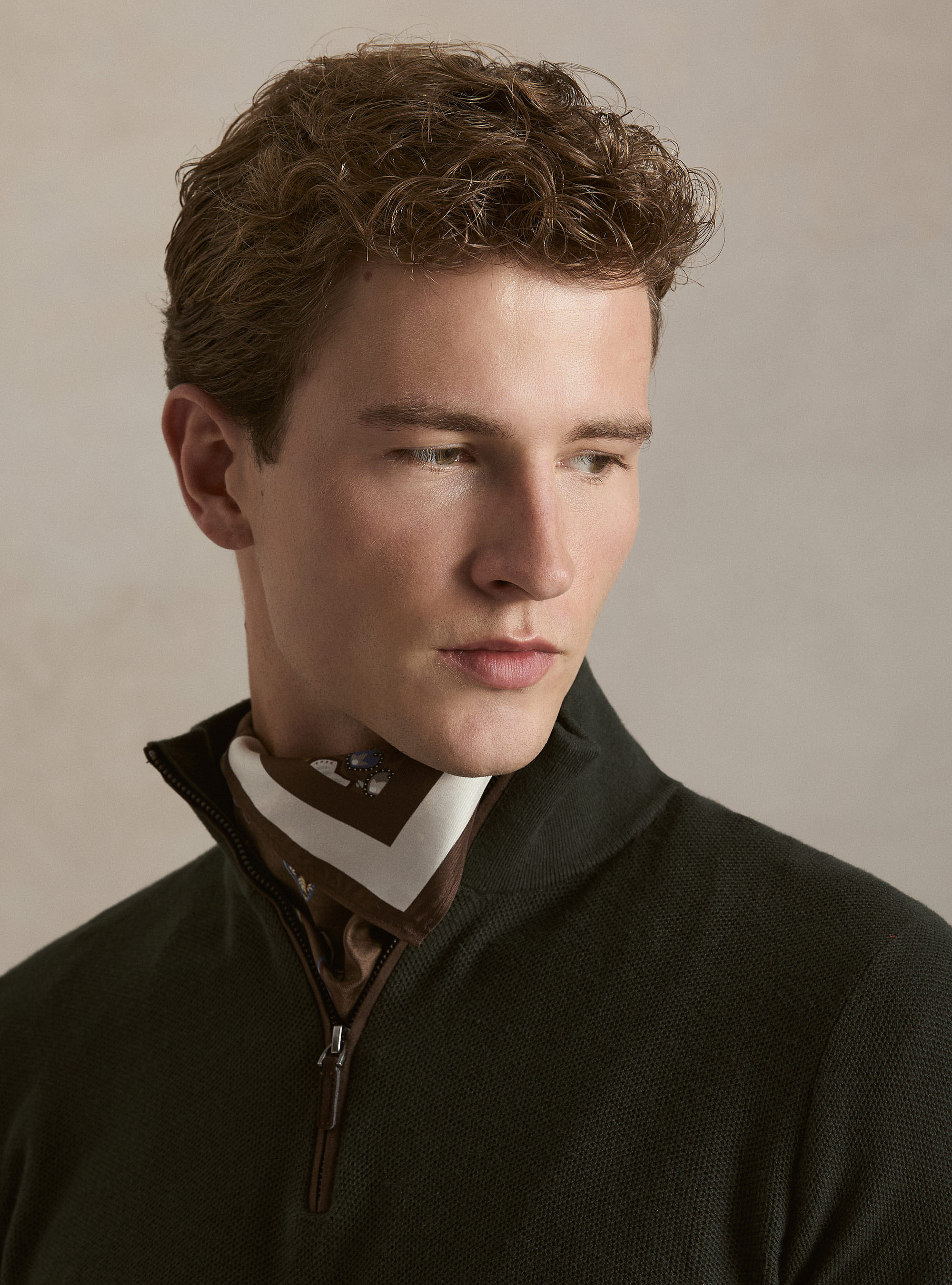Maglia con mezza zip in cotone cashmere nido d'ape, MILITARE 0609C