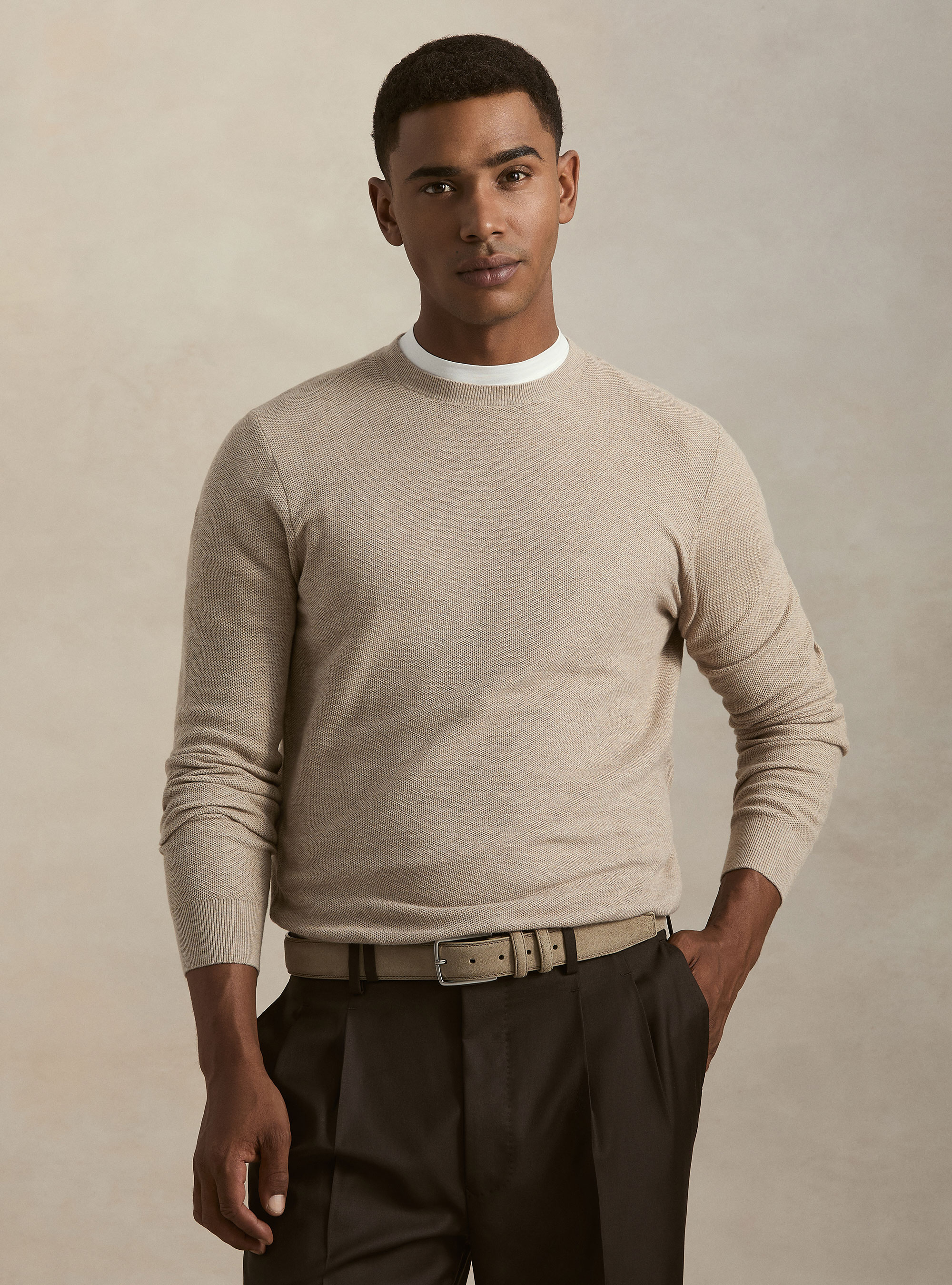 Maglia girocollo in cotone cashmere nido d'ape, ECRU