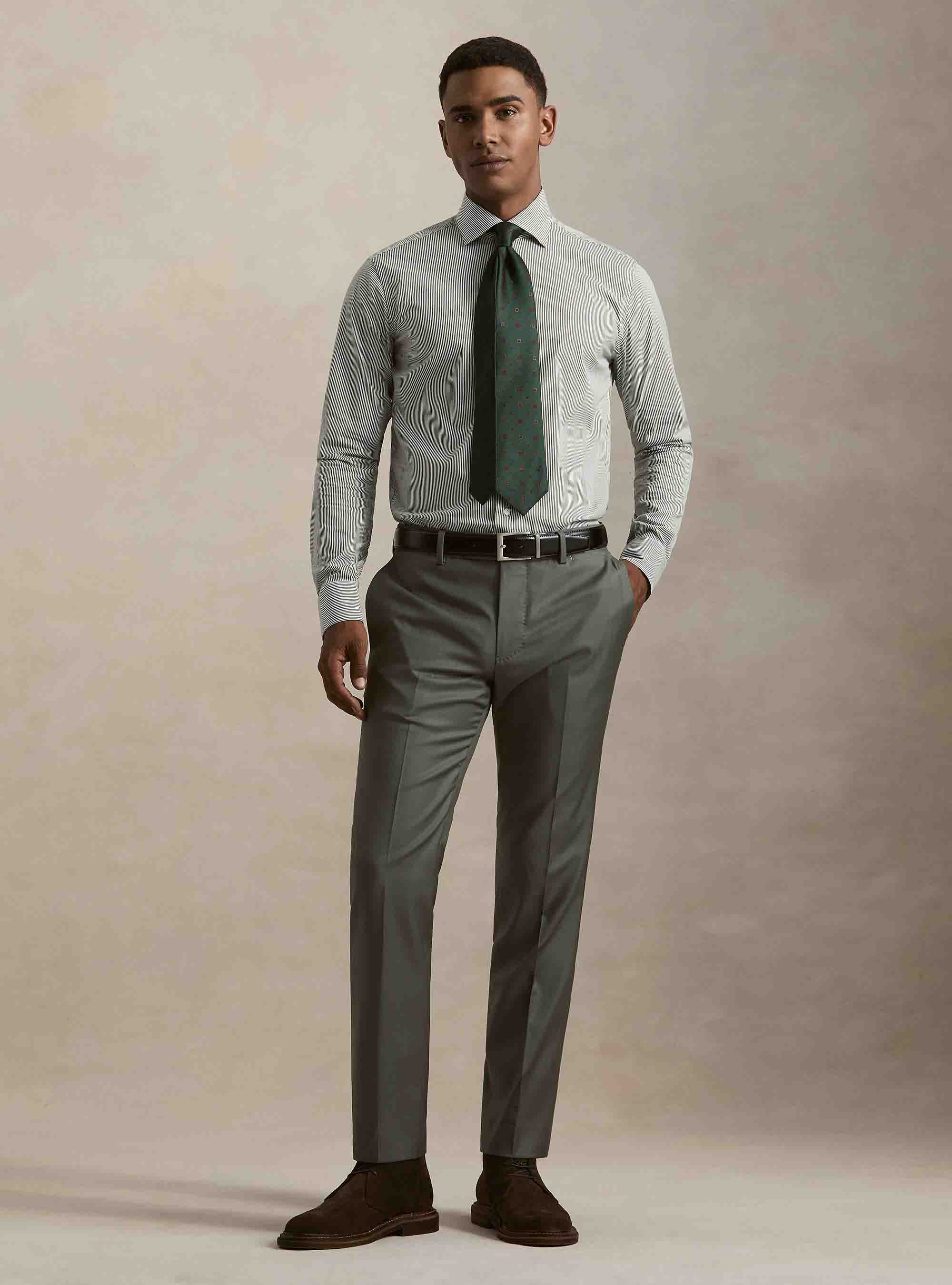 Camicia in cotone rigato popeline stretch, VERDE