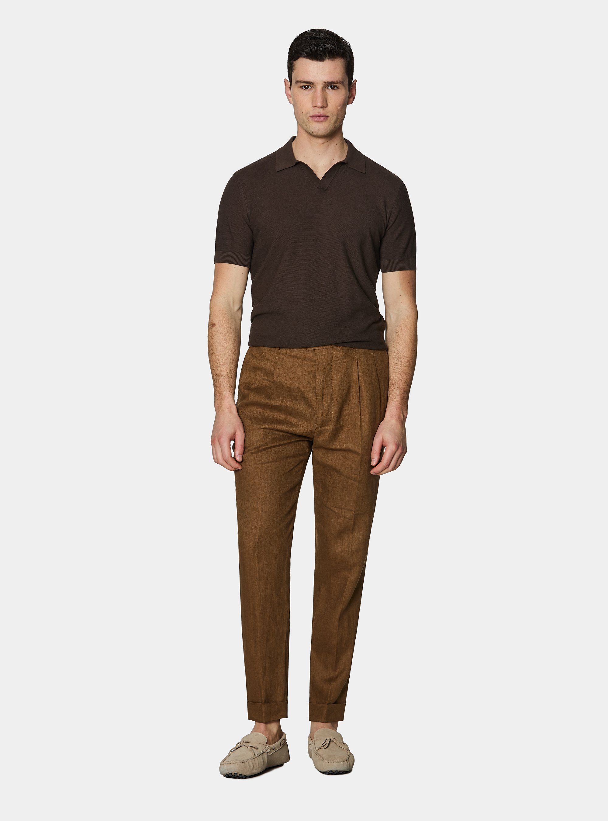 Pantaloni con pince in puro lino, TABACCO