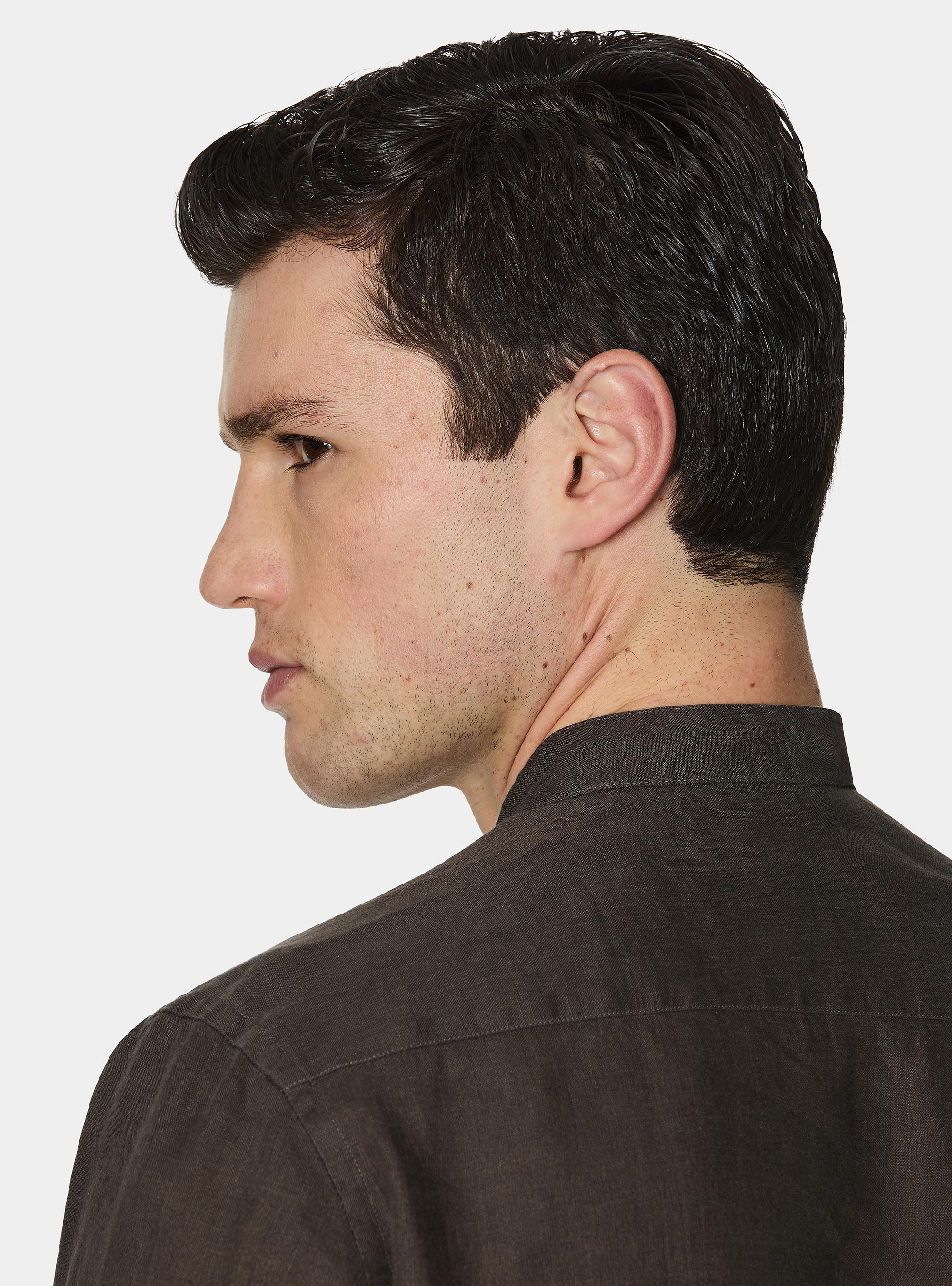 Camicia coreana in puro lino, MARRONE
