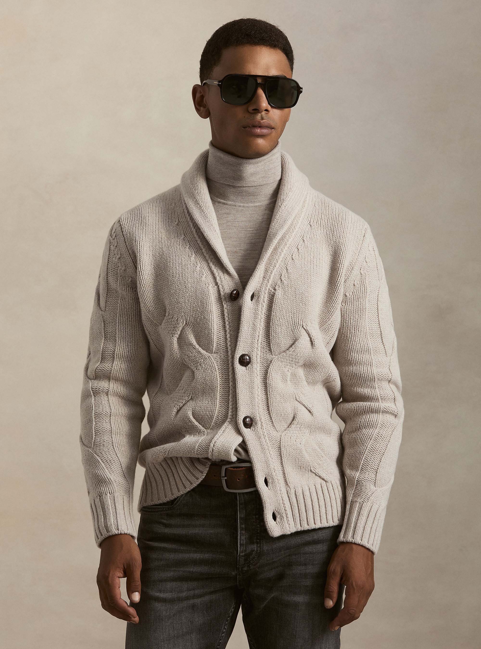 Cardigan sciallato con treccia in lana lambswool e cashmere, ECRU