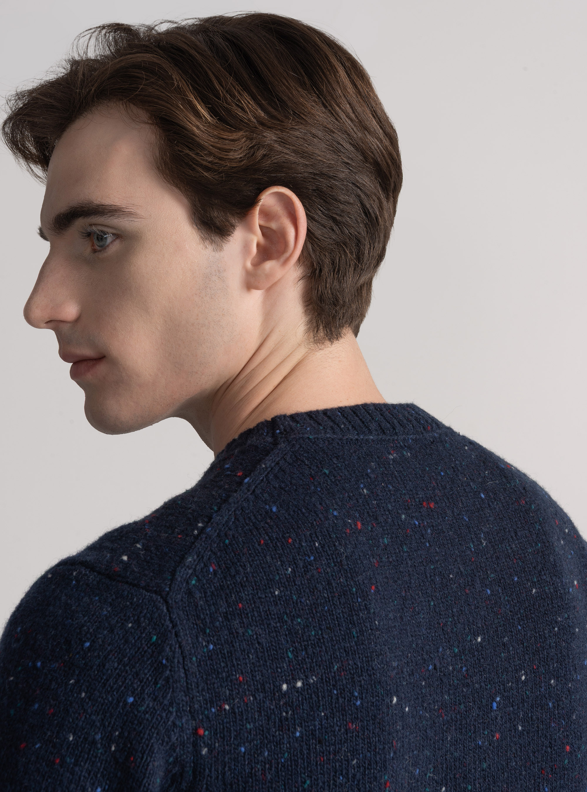 Maglia girocollo in misto lana merino bottonata, BLU NAVY