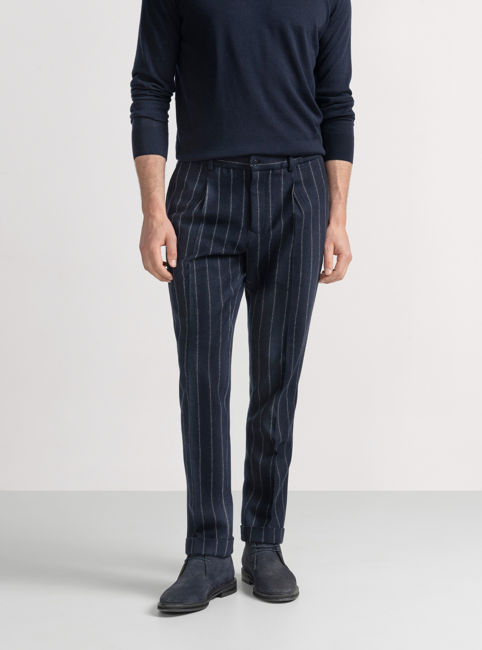 Pantaloni per abito doppiopetto in jersey gessato, BLU NAVY