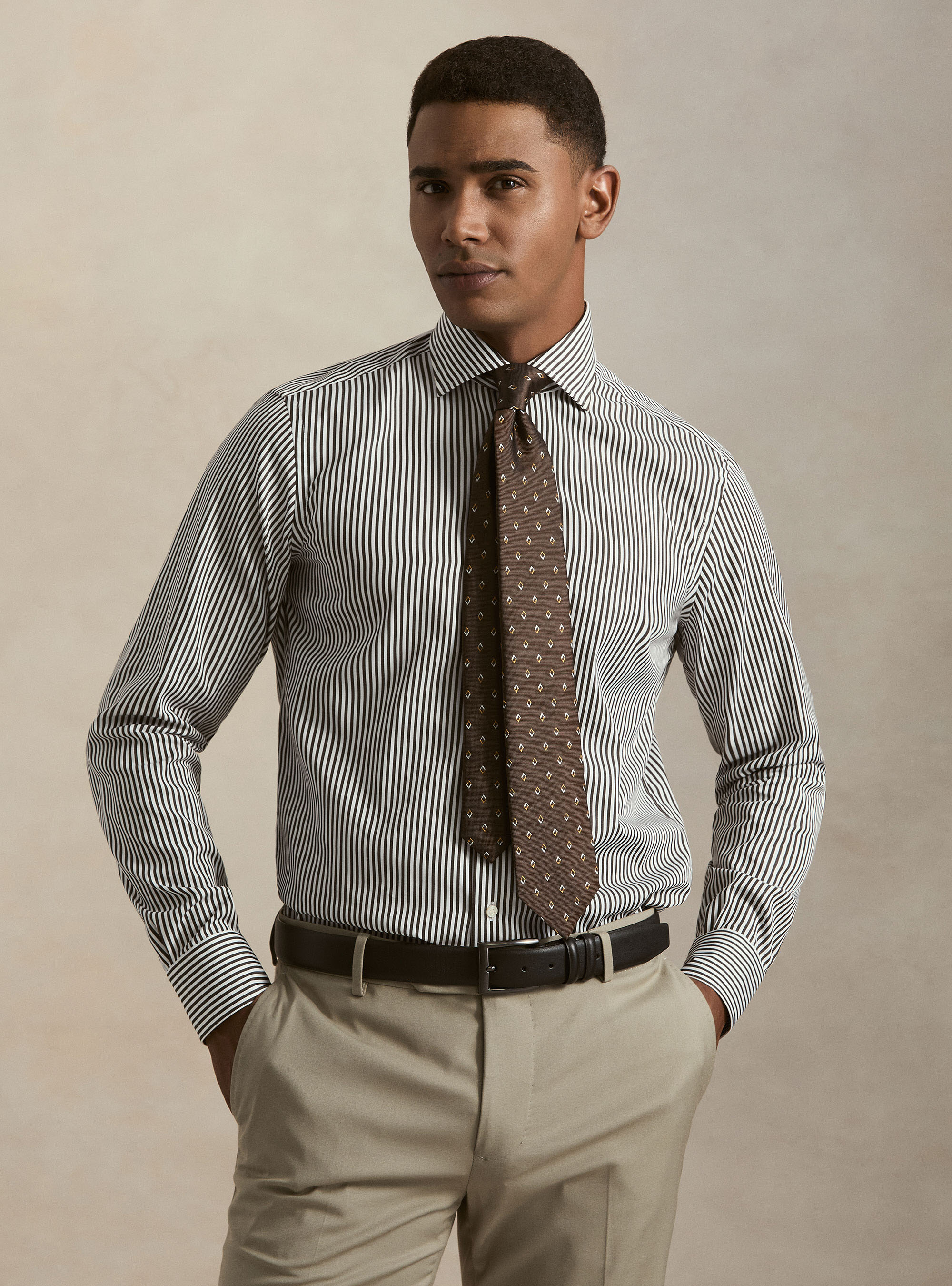 Camicia rigata in cotone popeline, MARRONE