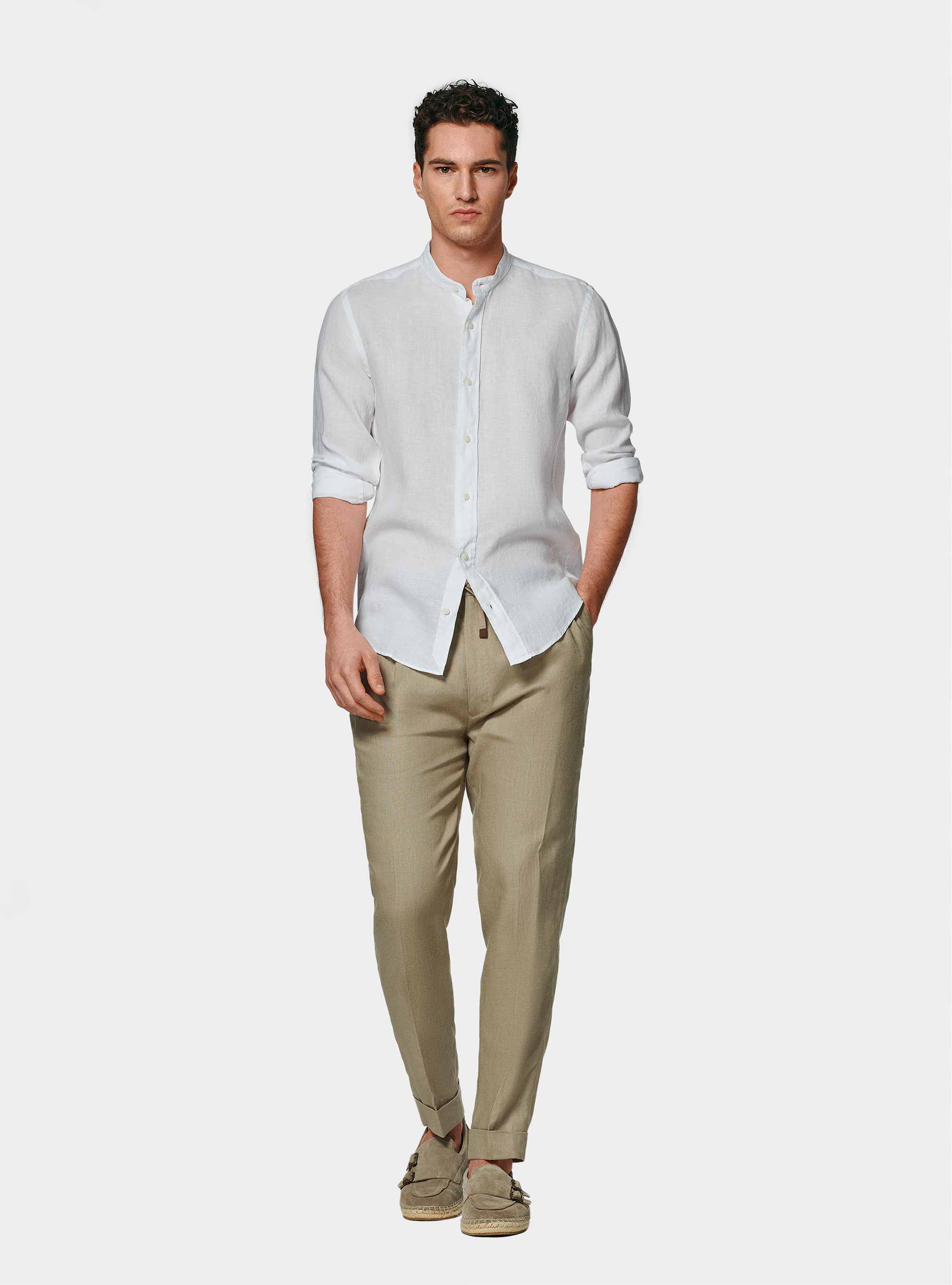 Camicia bianca coreana in puro lino, BIANCO