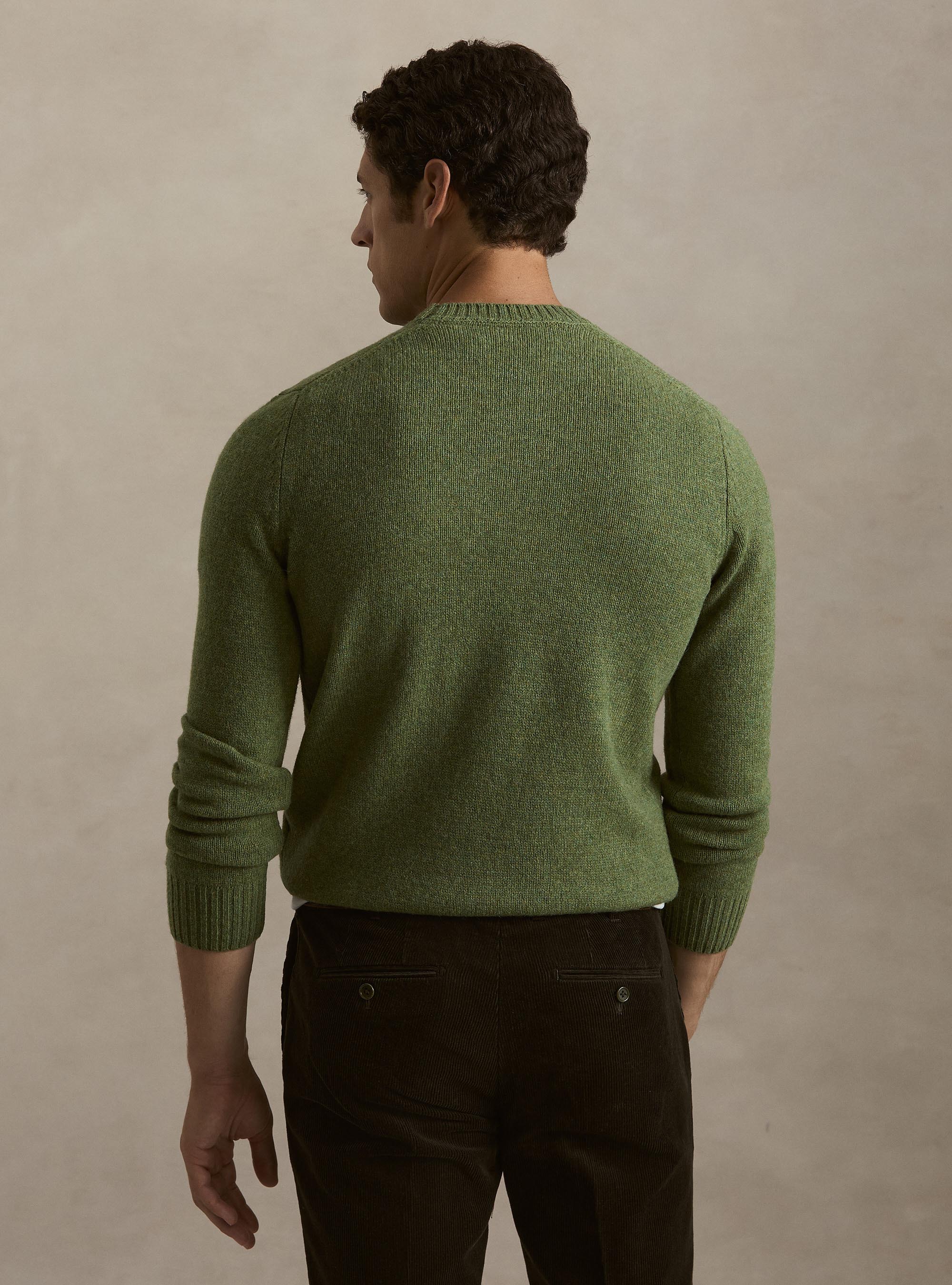 Maglia girocollo in pura lana shetland, OLIVA