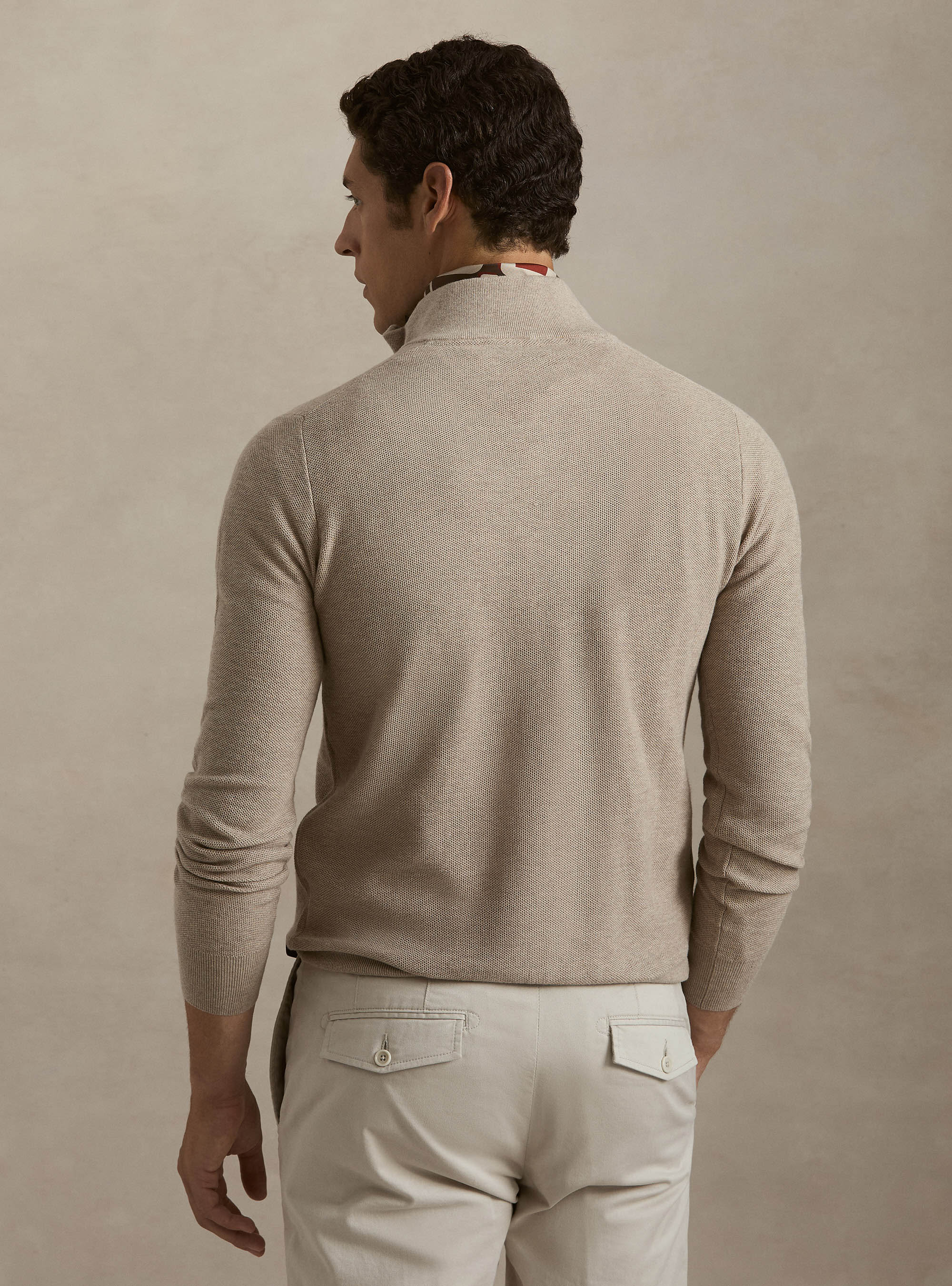 Maglia con mezza zip in cotone cashmere nido d'ape, ECRU