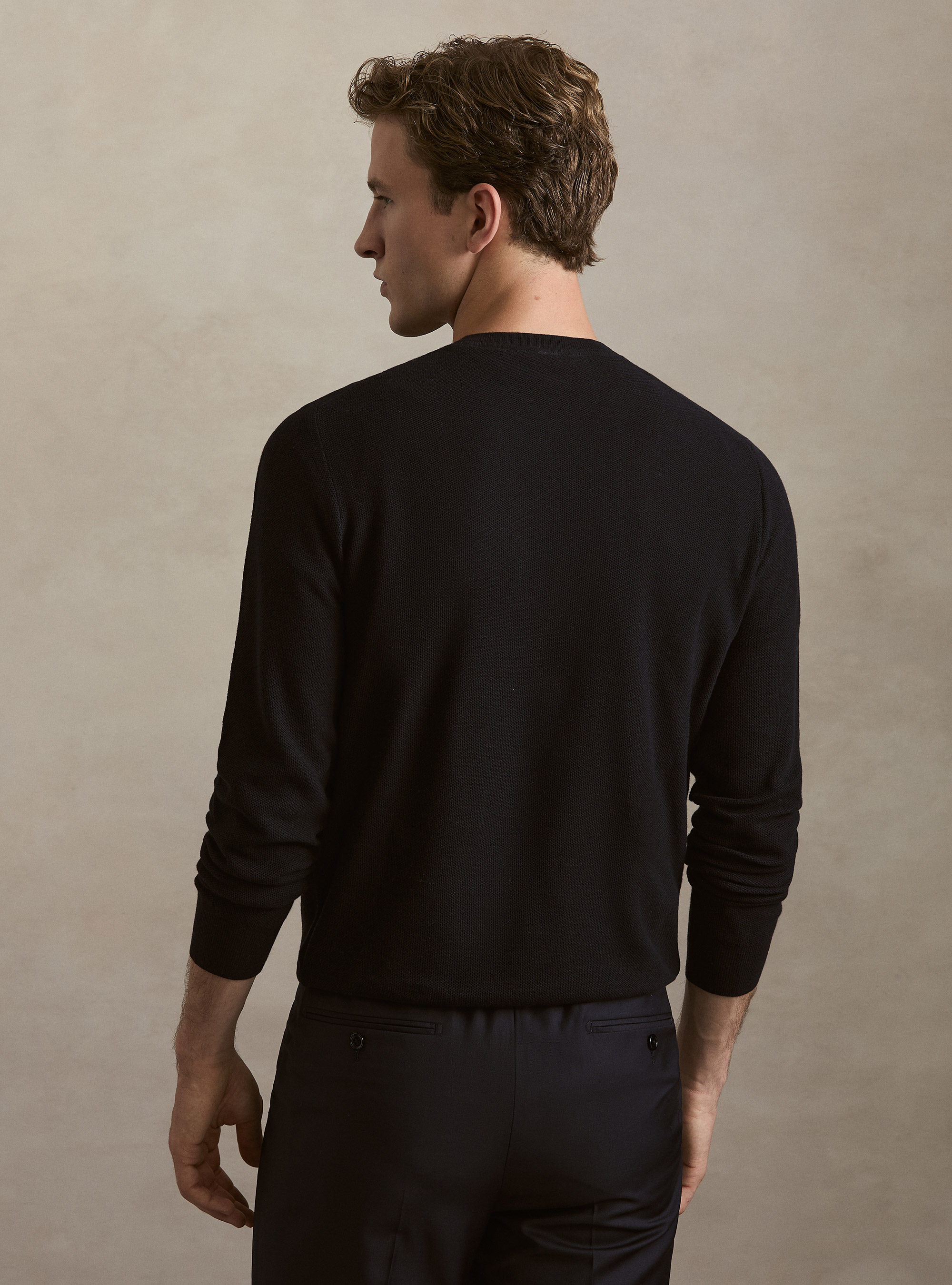Maglia girocollo in cotone cashmere nido d'ape, BLU NAVY