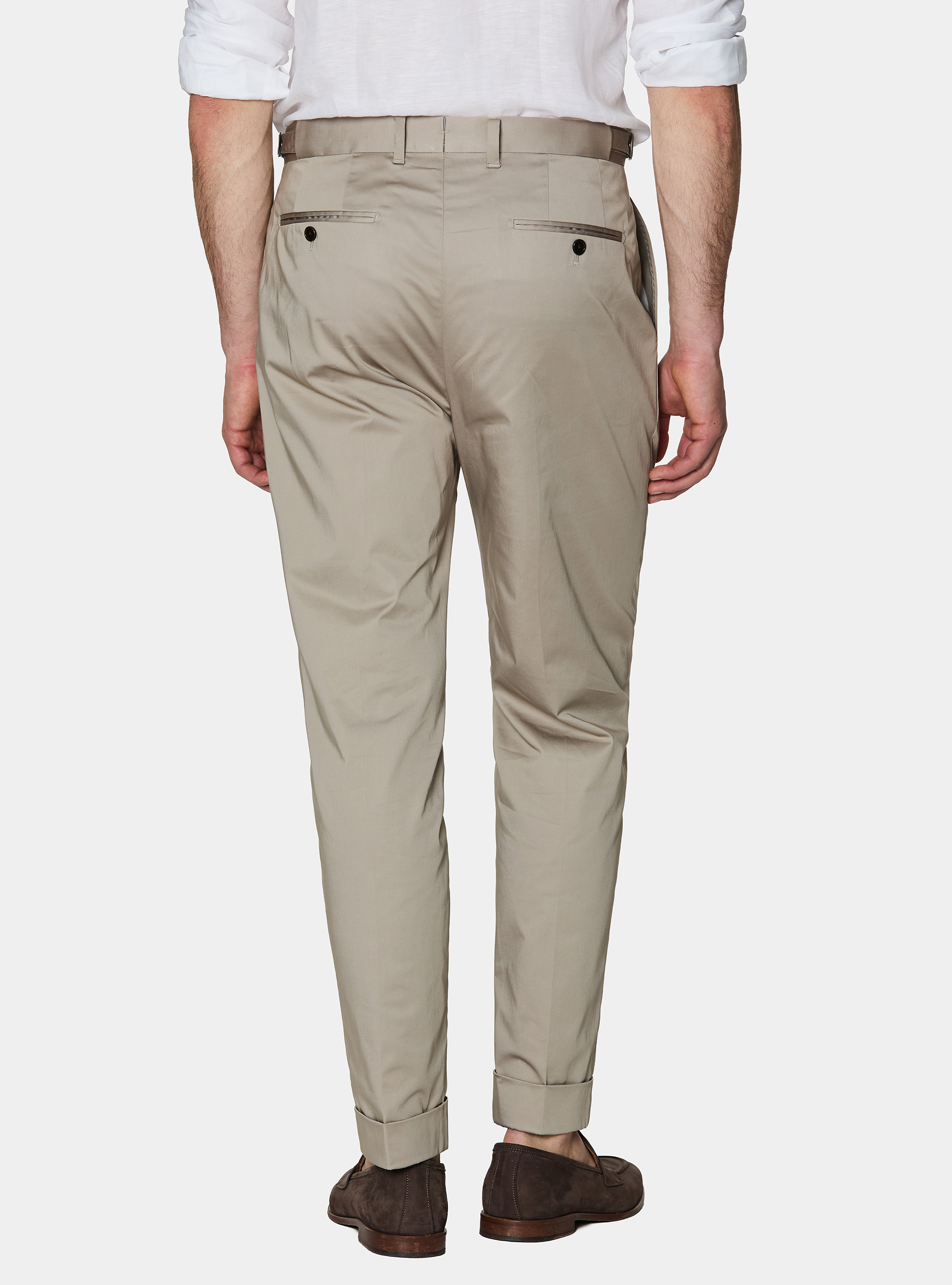 Pantaloni con pince in cotone popeline stretch, SABBIA