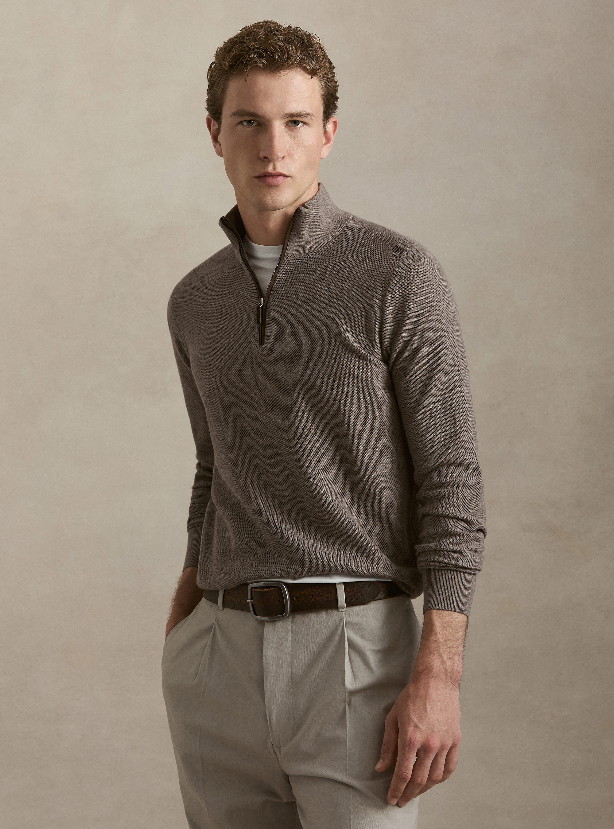 Maglia con mezza zip in cotone cashmere nido d'ape, FANGO
