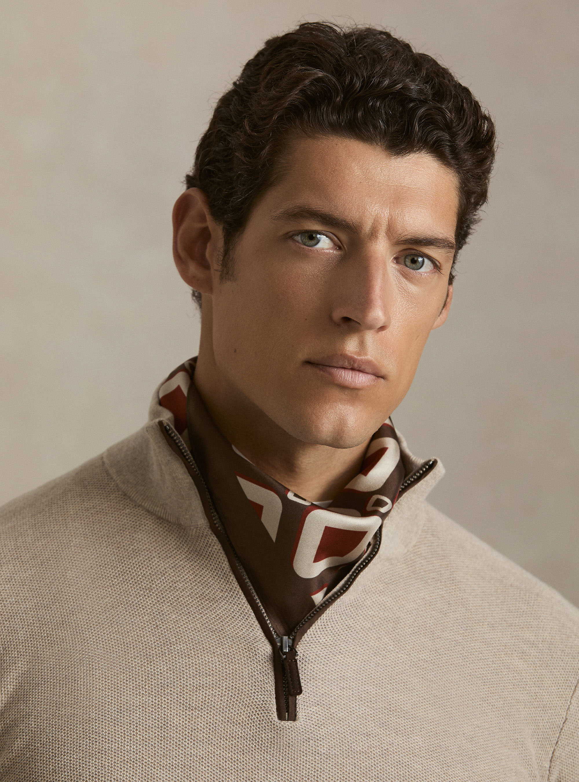 Maglia con mezza zip in cotone cashmere nido d'ape, ECRU