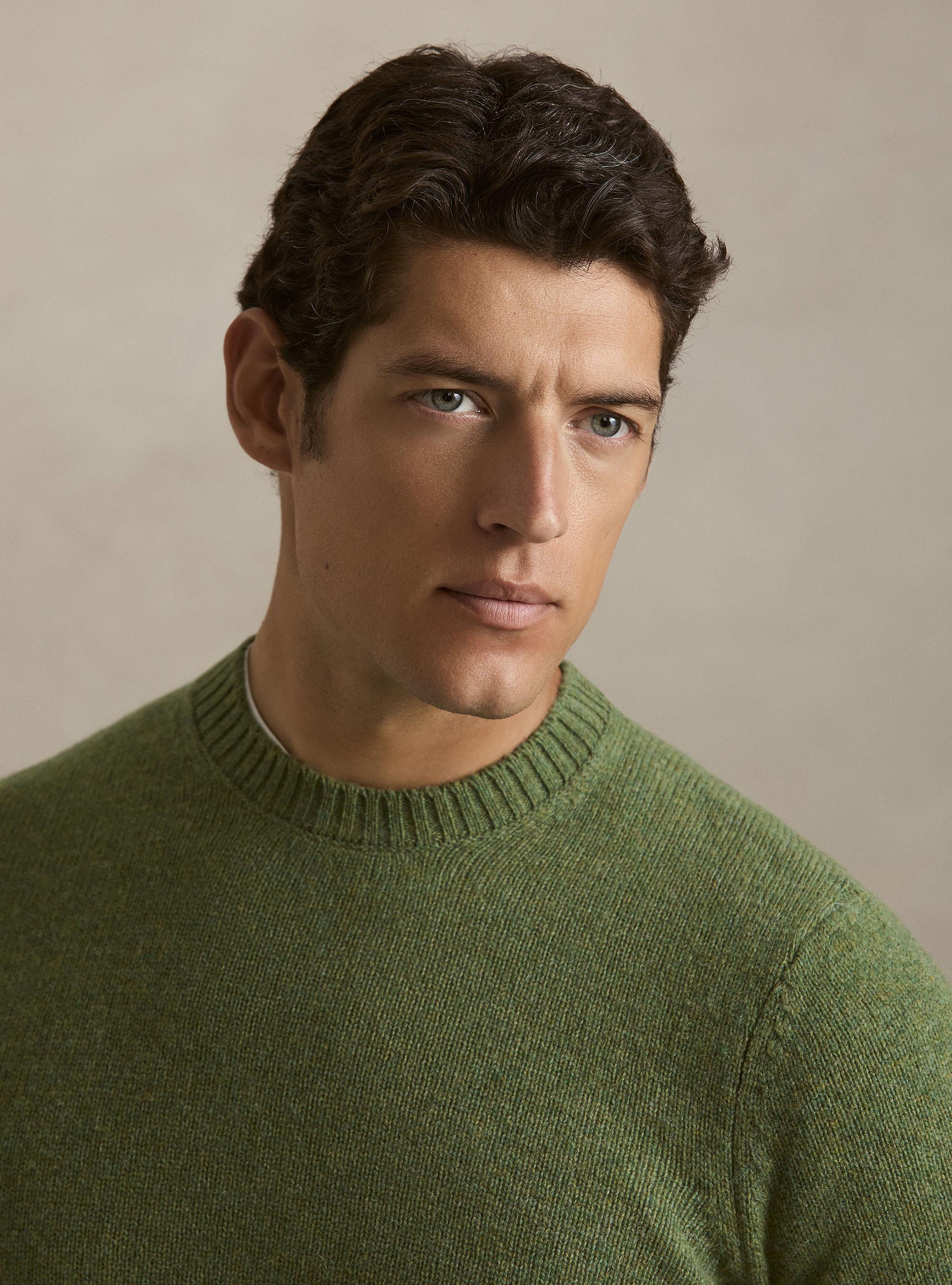 Maglia girocollo in pura lana shetland, OLIVA