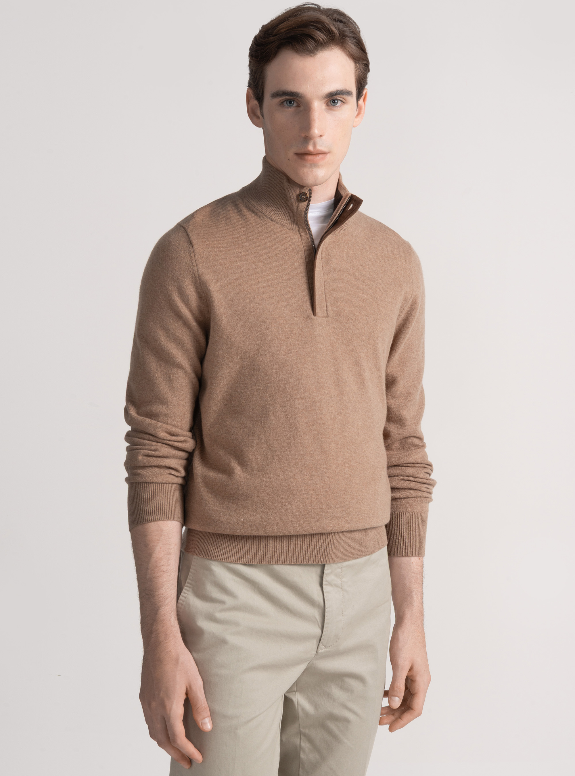Maglia mezza zip in lana lambswool e cashmere, CAMMELLO 0570C