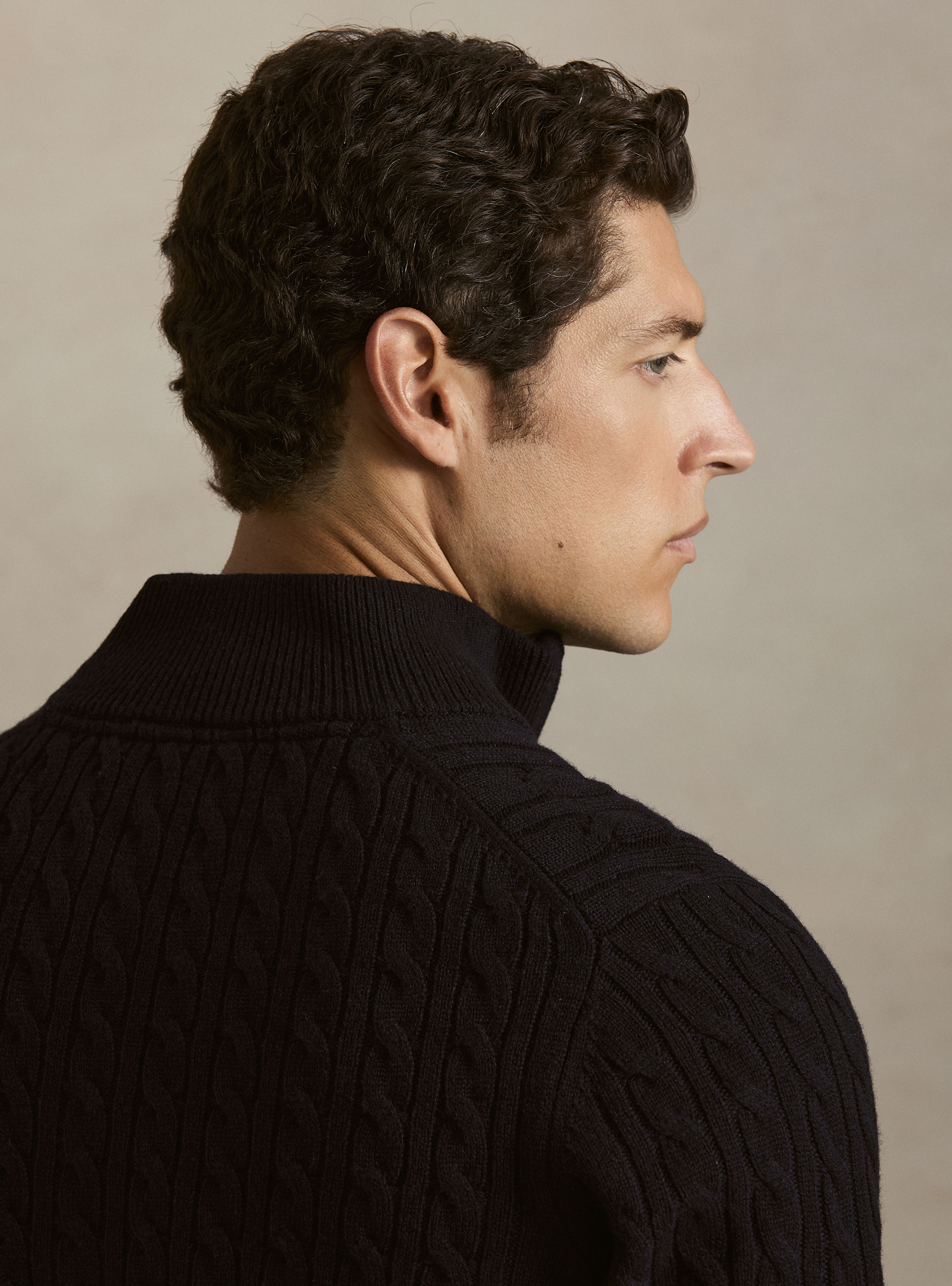 Maglia lupetto a trecce in lana e cashmere, BLU NAVY