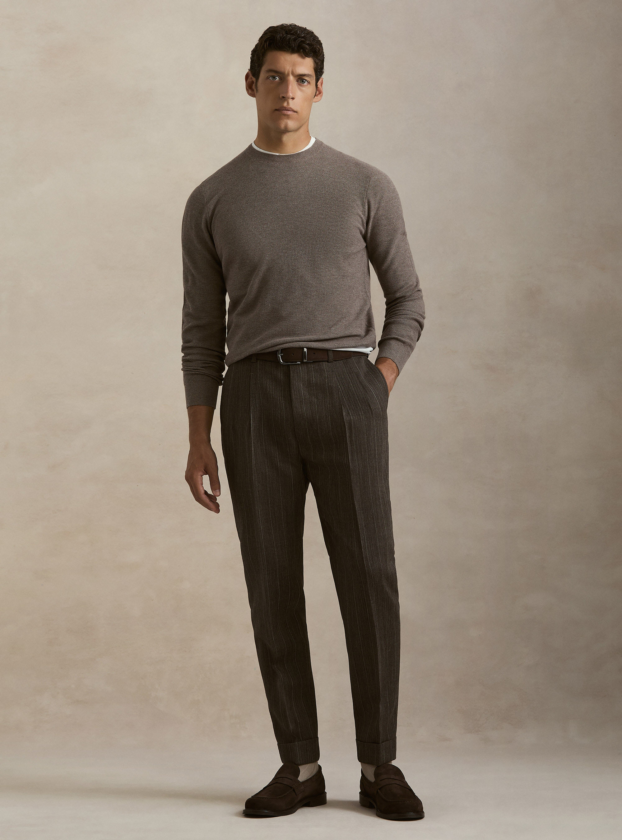 Maglia girocollo in cotone cashmere nido d'ape, FANGO