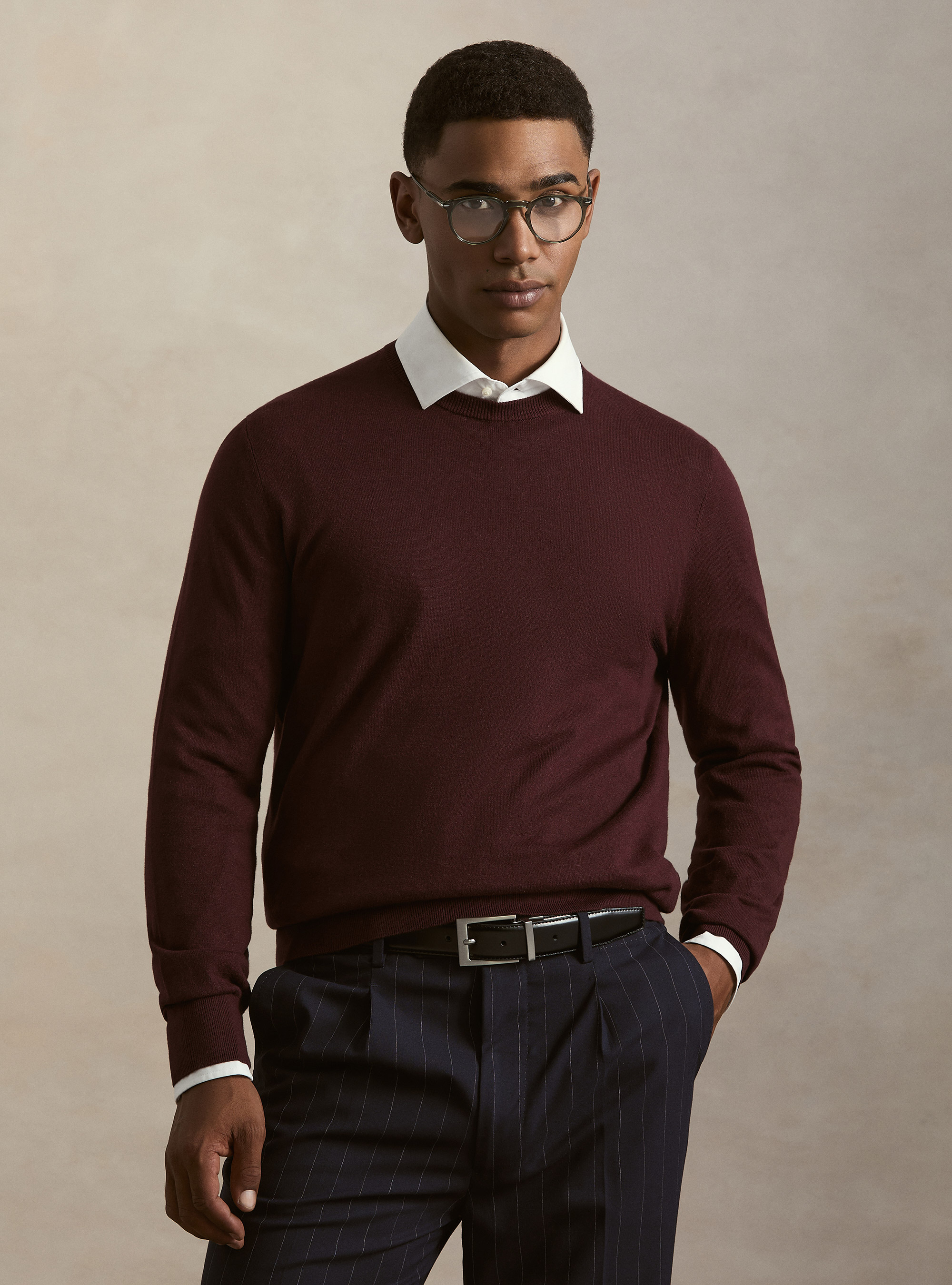Maglia girocollo in cotone seta e cashmere, BORDEAUX