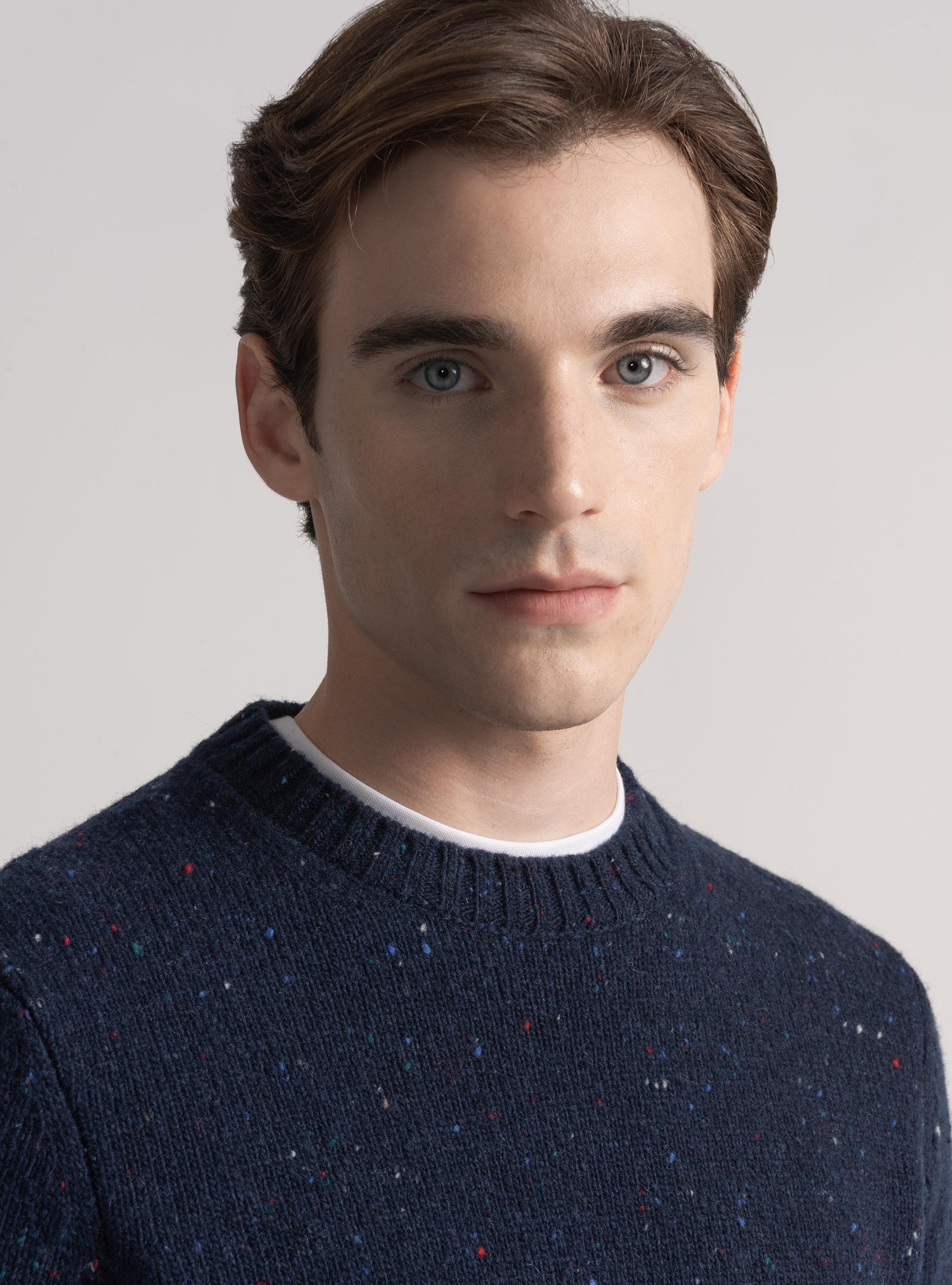 Maglia girocollo in misto lana merino bottonata, BLU NAVY