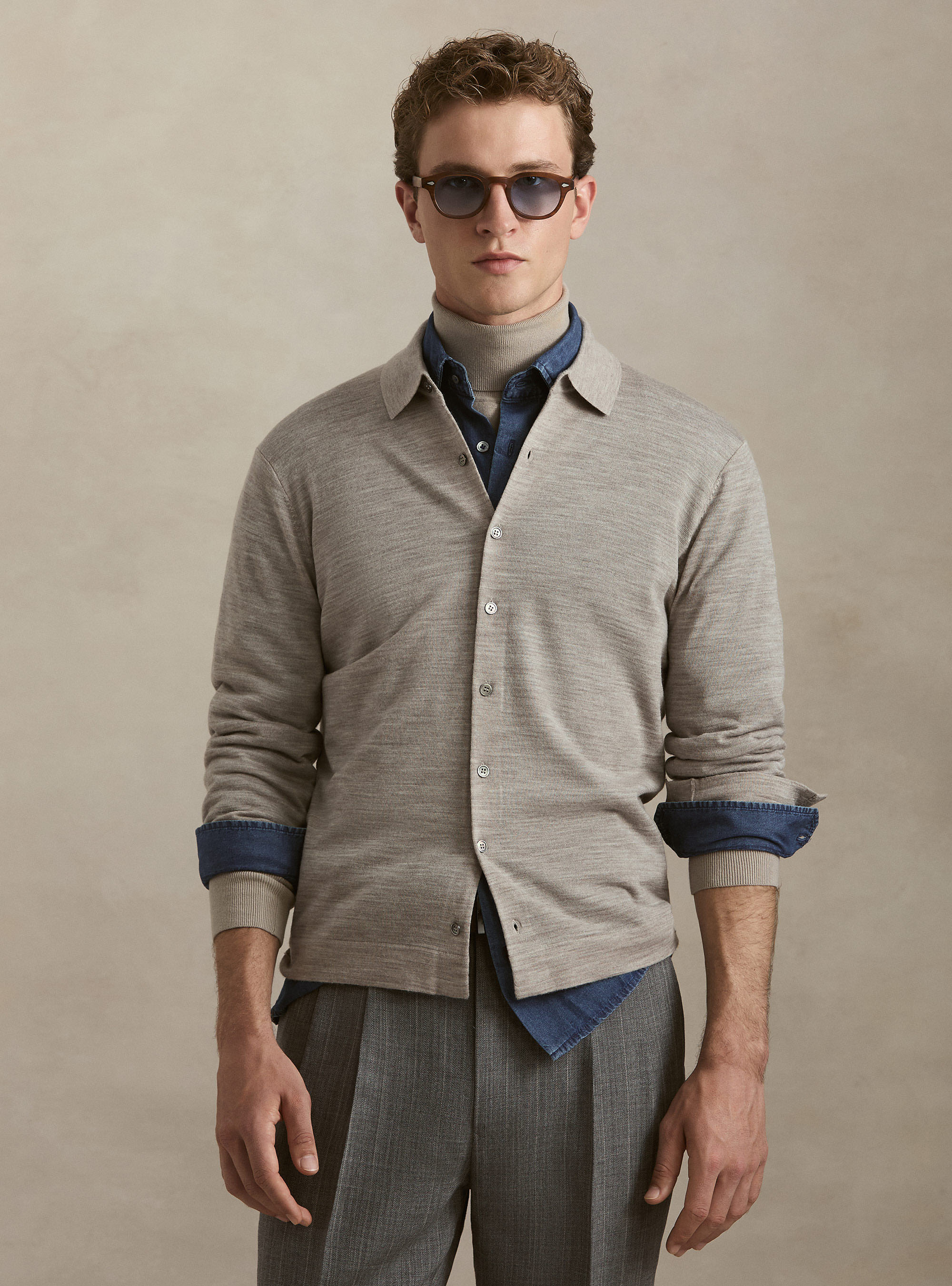 Polo camicia in maglia lana merino extrafine, SABBIA MELANGE 0564C