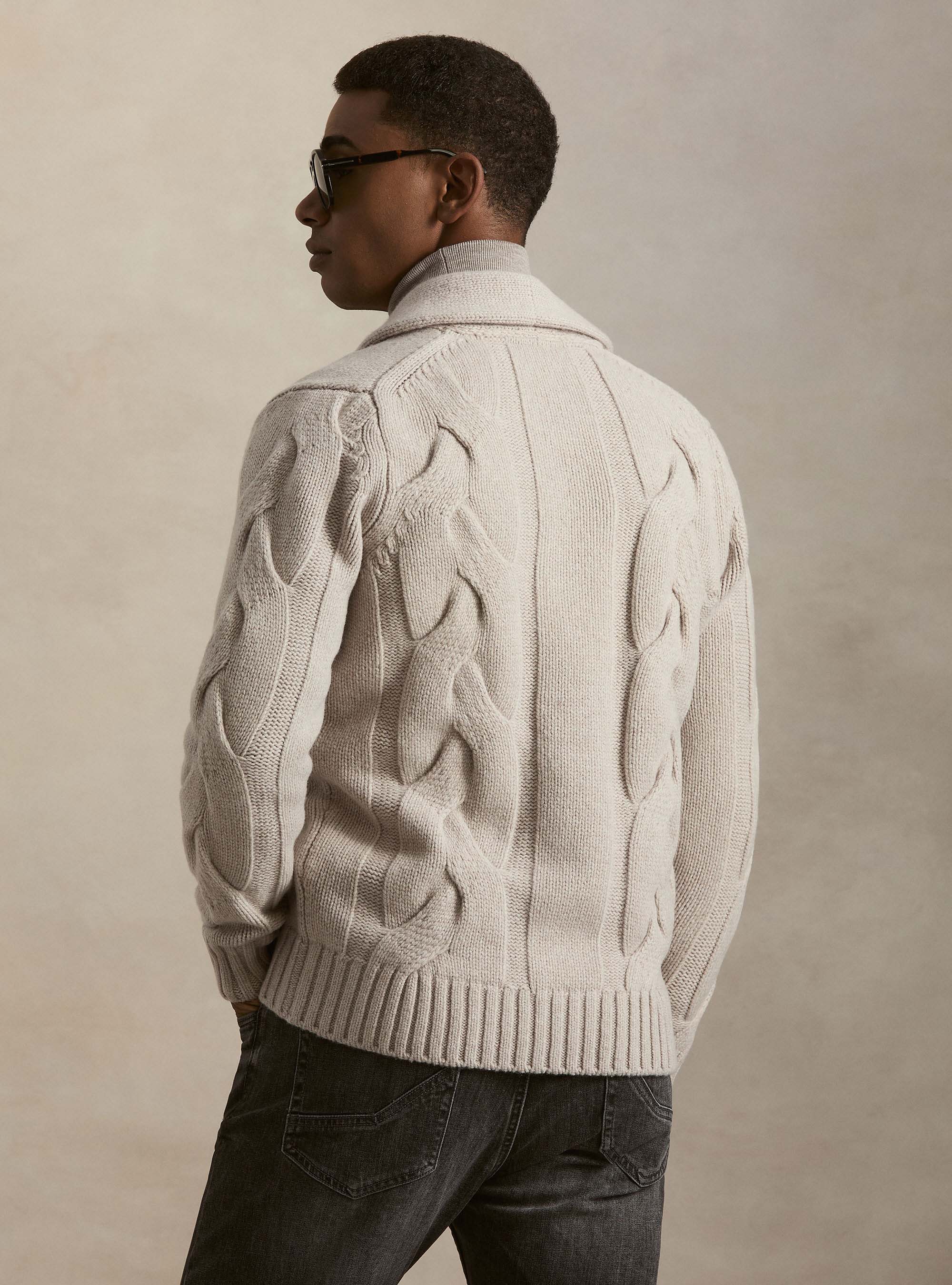 Cardigan sciallato con treccia in lana lambswool e cashmere, ECRU