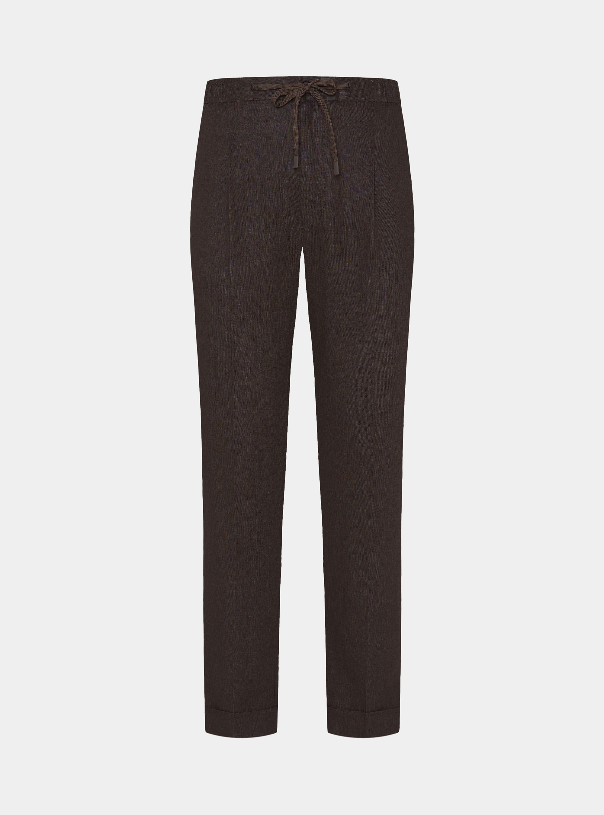 Pantaloni in puro lino con pince e coulisse, MARRONE