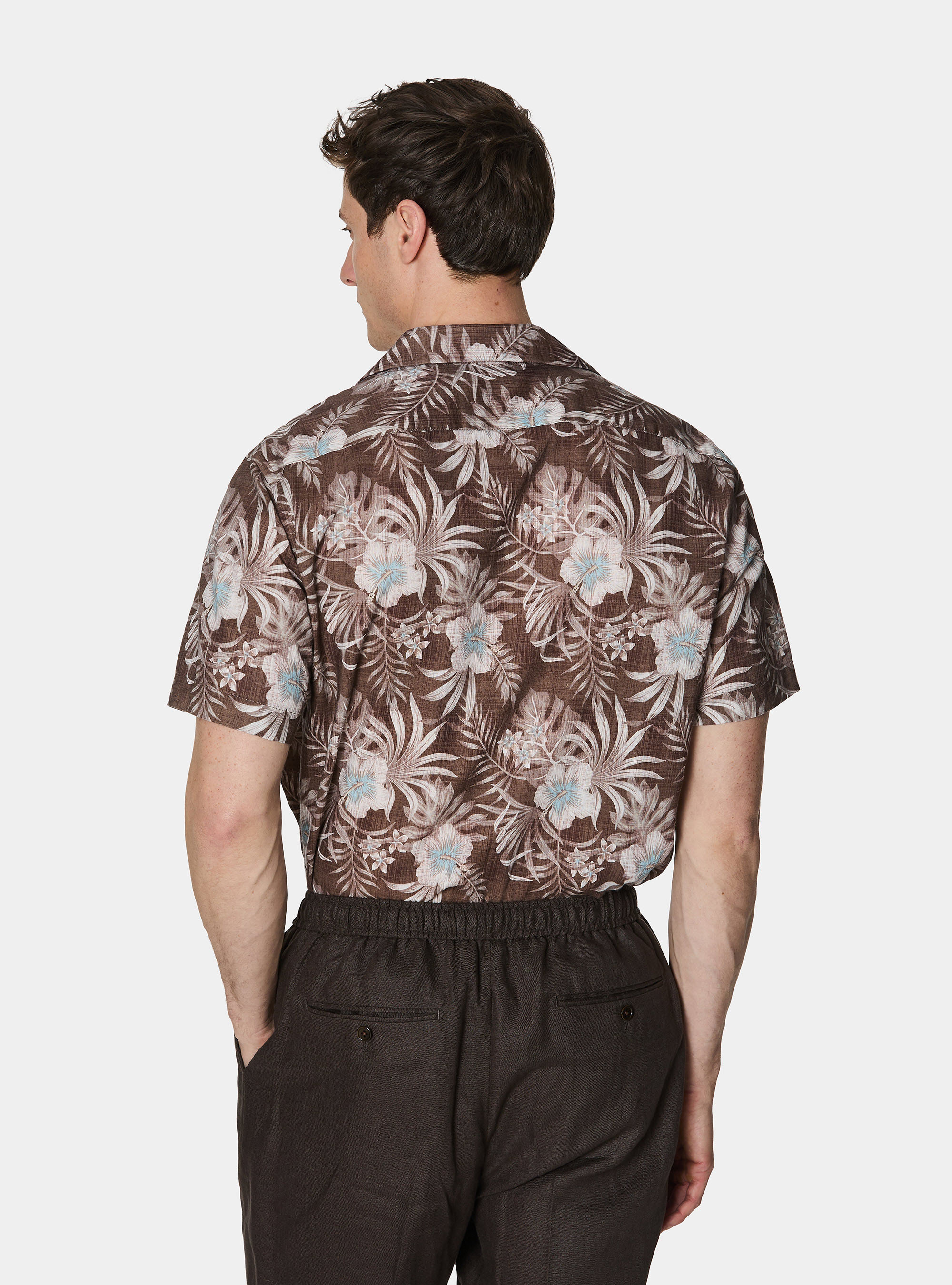Camicia bowling in lino e cotone stampato, MARRONE
